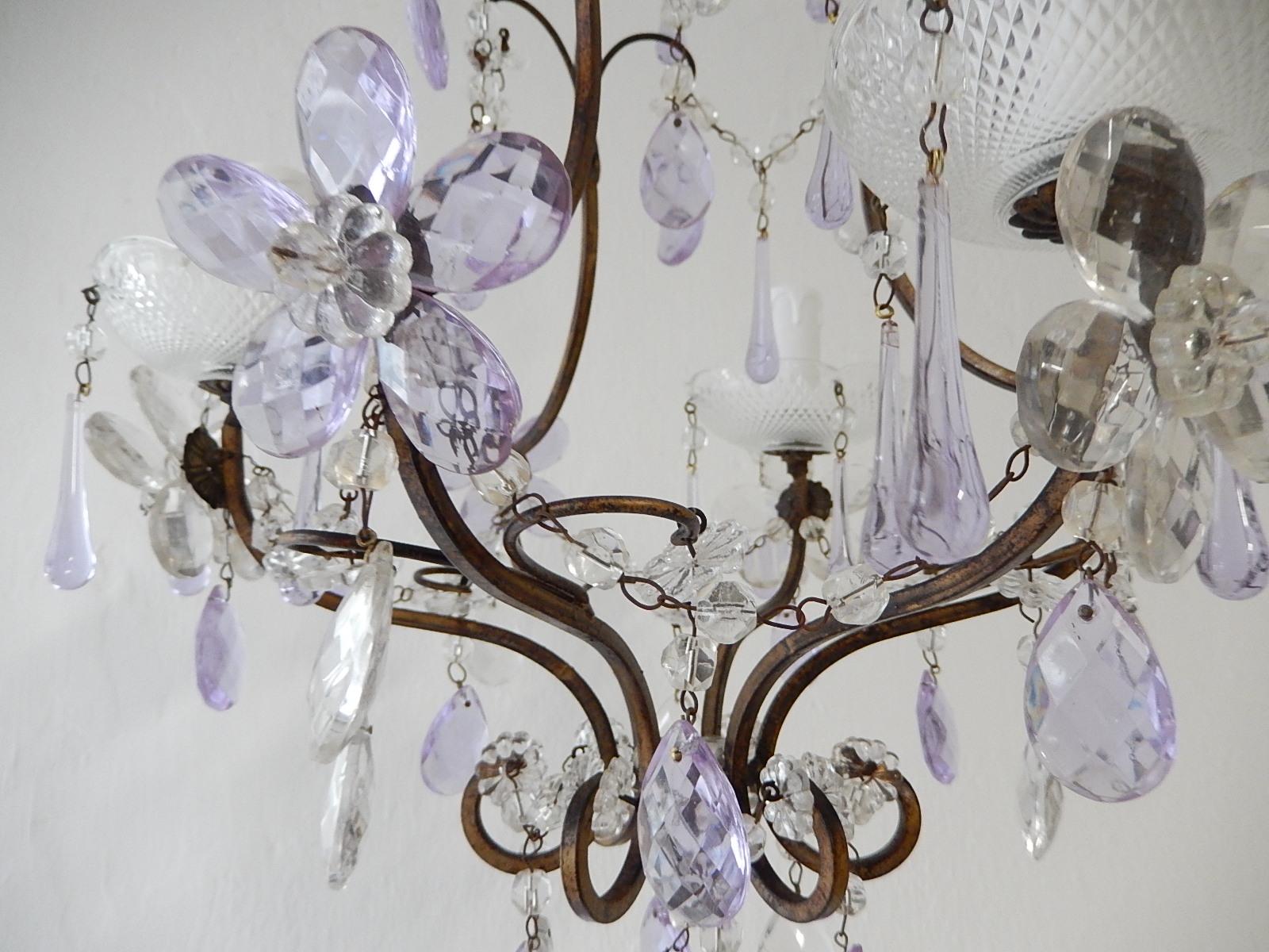 Early 20th Century French Lavender Purple Drops Beaded Swags Crystal Prisms Chandelier, circa 1920