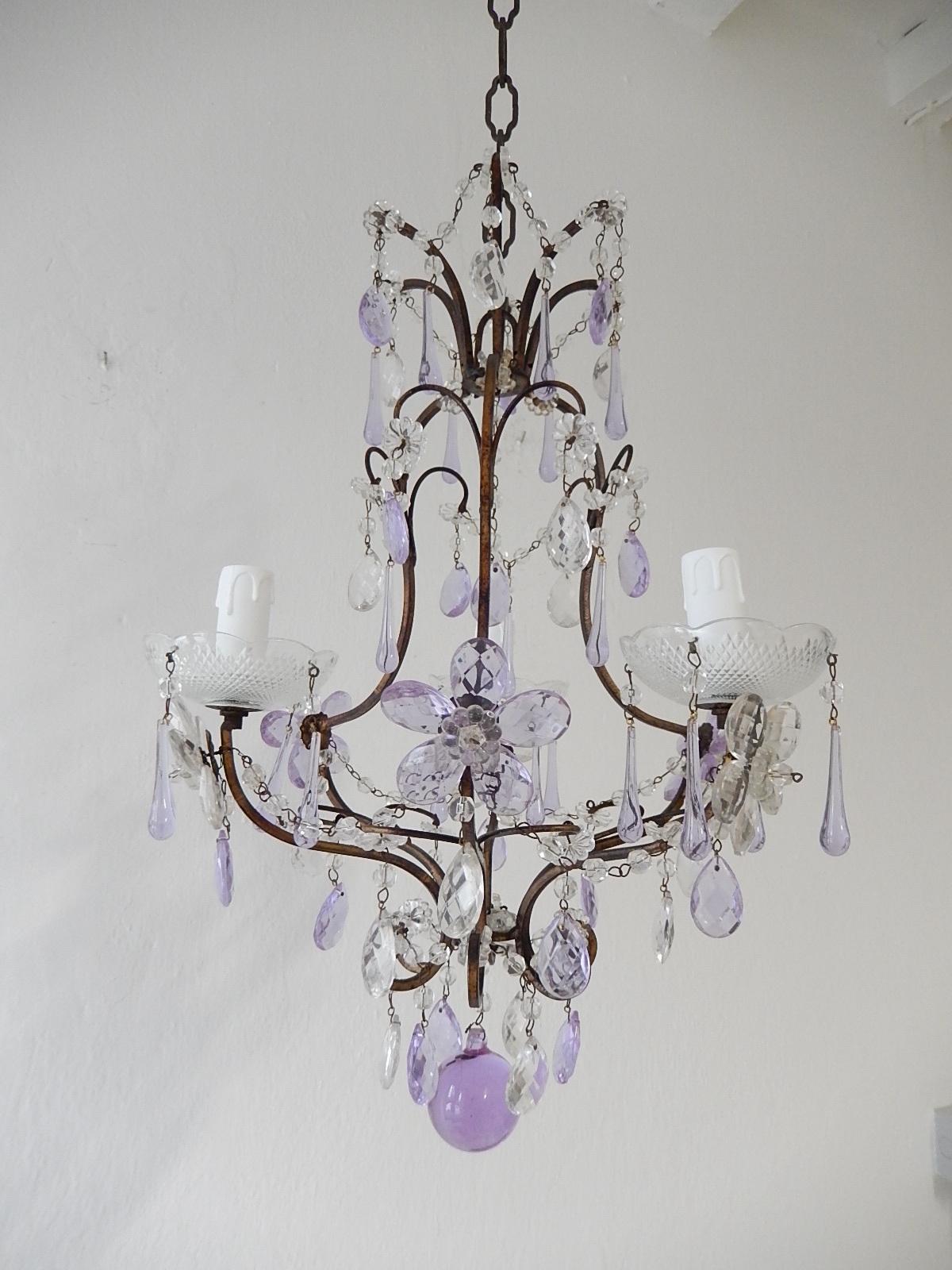 French Lavender Purple Drops Beaded Swags Crystal Prisms Chandelier, circa 1920 1