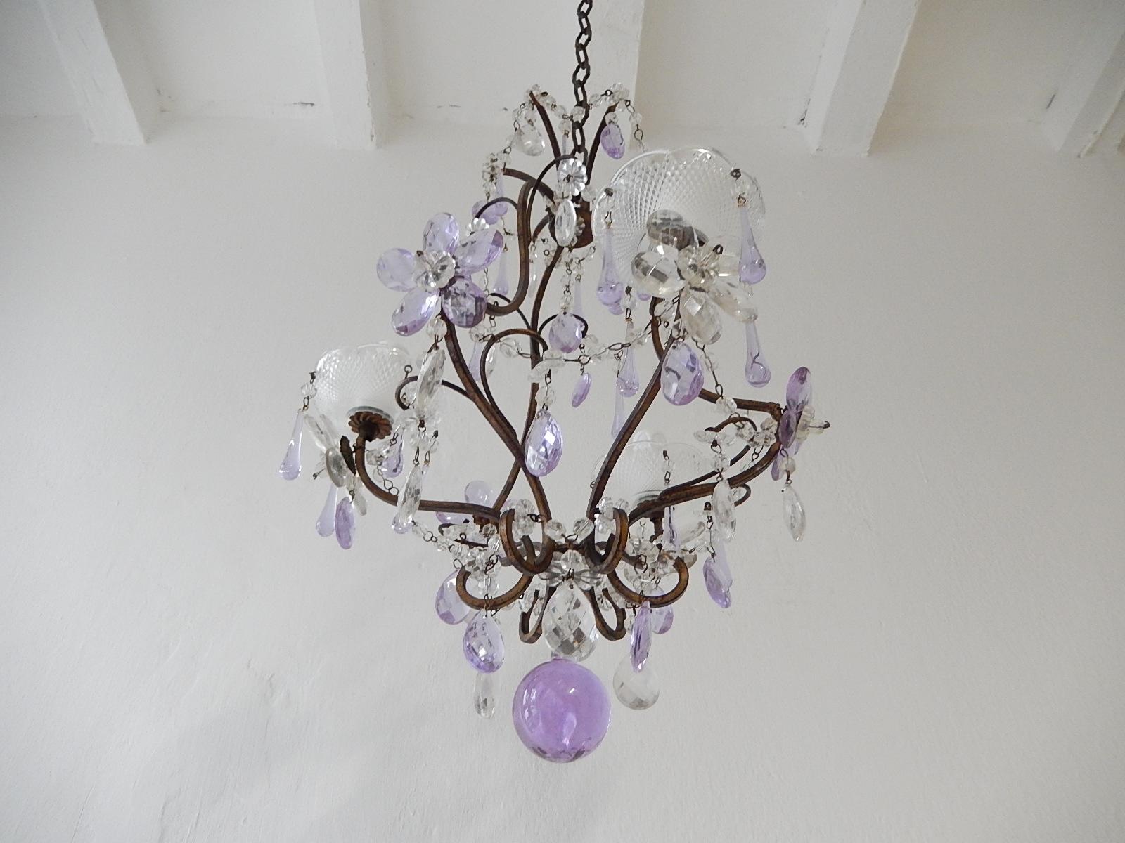 French Lavender Purple Drops Beaded Swags Crystal Prisms Chandelier, circa 1920 2
