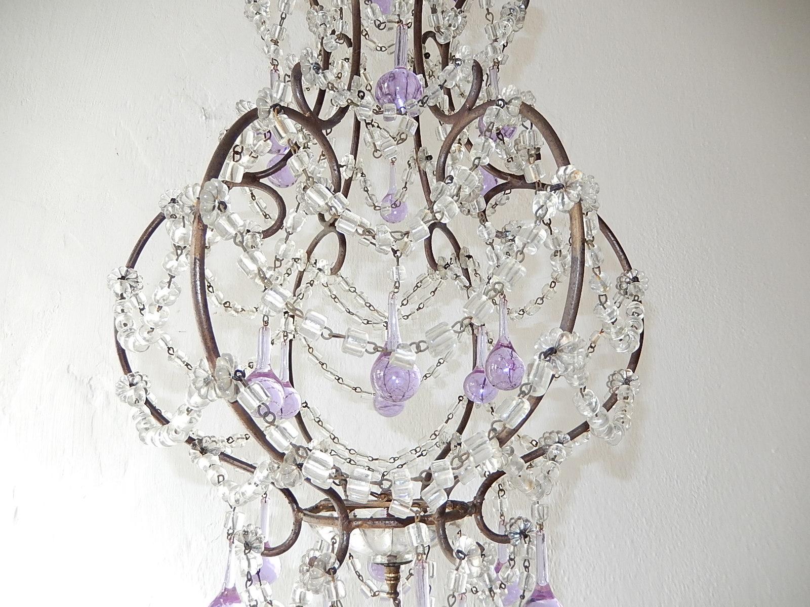 Early 20th Century French Lavender Purple Drops with Beaded Swags Chandelier, circa 1920