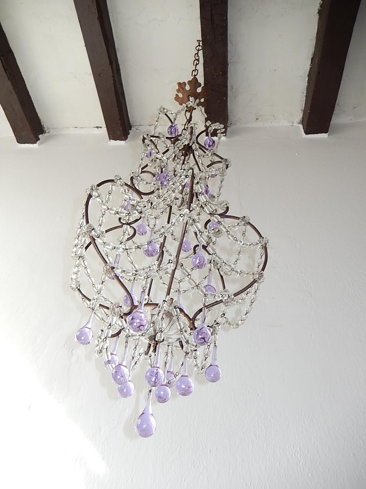 French Lavender Purple Drops with Beaded Swags Chandelier, circa 1920 1