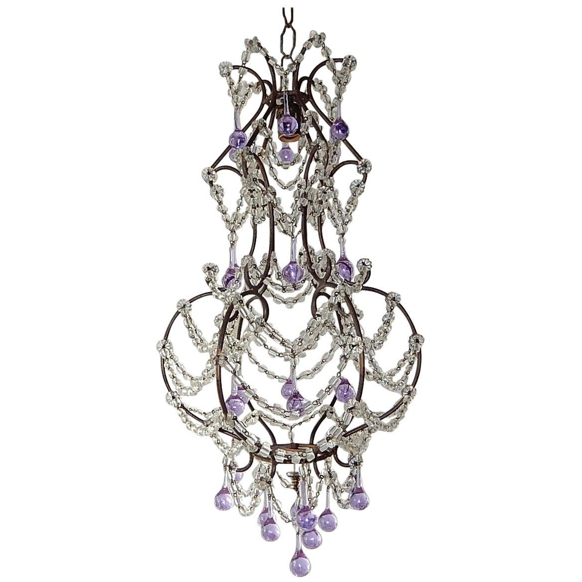 French Lavender Purple Drops with Beaded Swags Chandelier, circa 1920