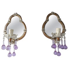 French Lavender Purple Murano Drops Mirrors Sconces, circa 1920