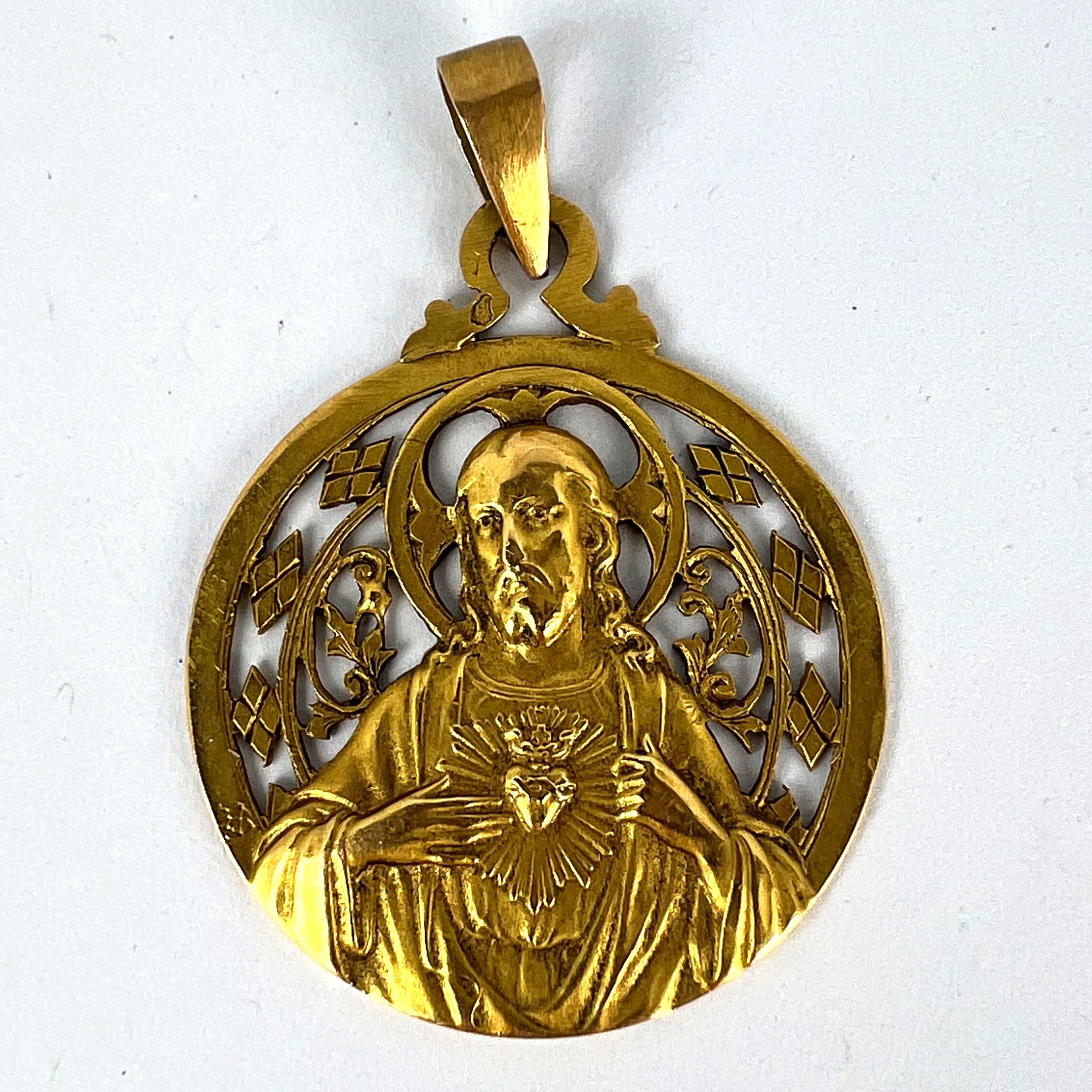 French Lavrillier Sacred Heart Madonna and Child 18K Yellow Gold Medal Pendant For Sale 6