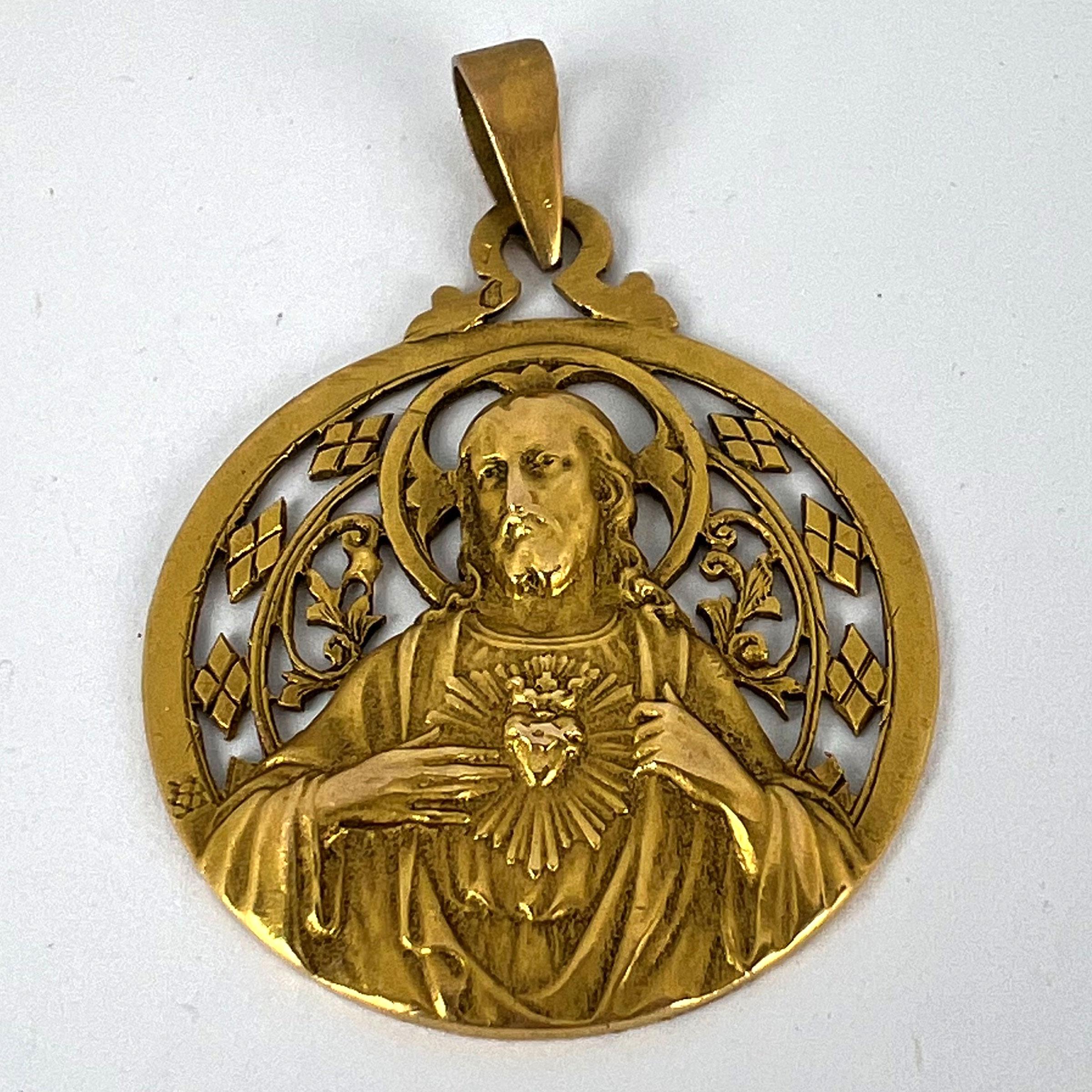 French Lavrillier Sacred Heart Madonna and Child 18K Yellow Gold Medal Pendant For Sale 7