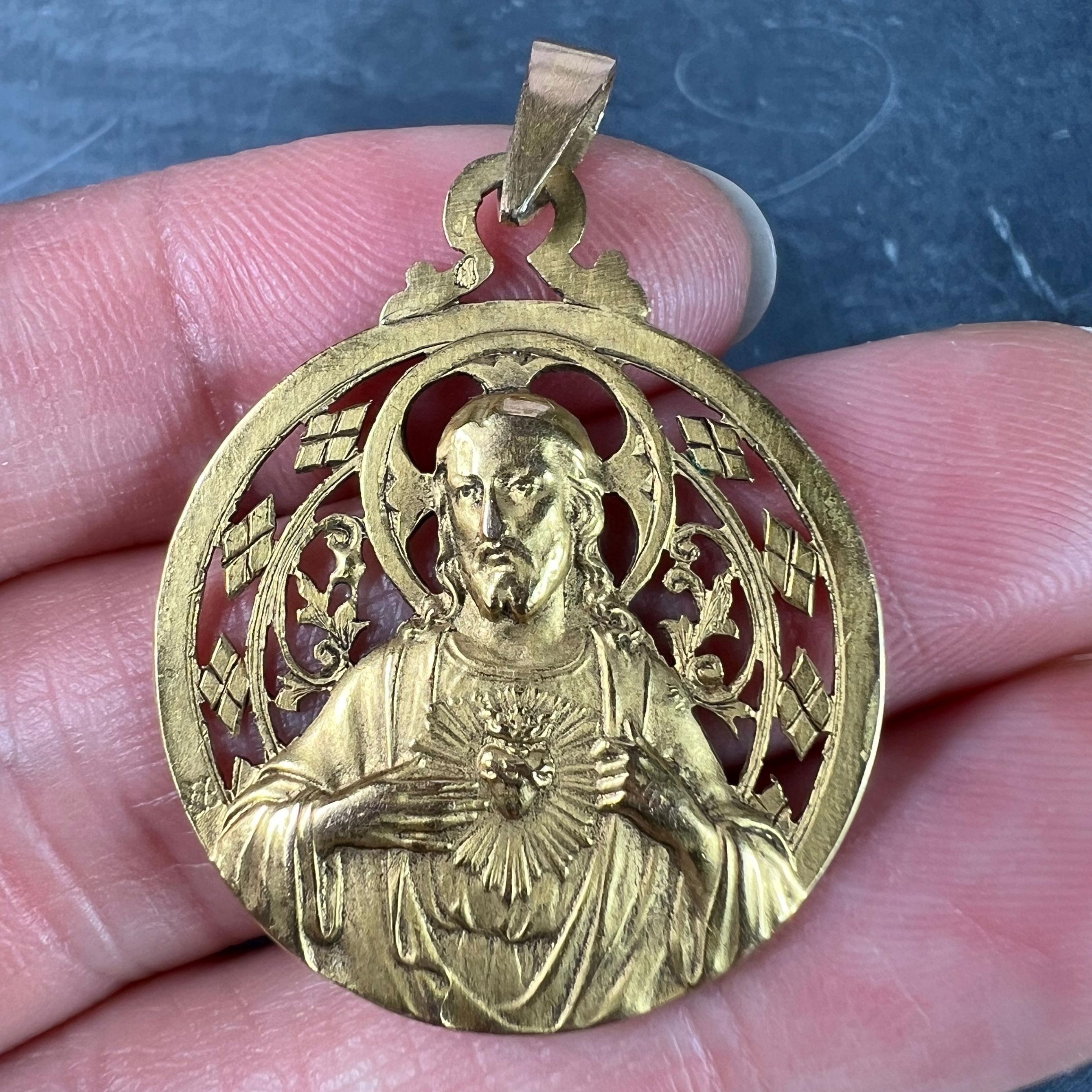 Women's or Men's French Lavrillier Sacred Heart Madonna and Child 18K Yellow Gold Medal Pendant For Sale
