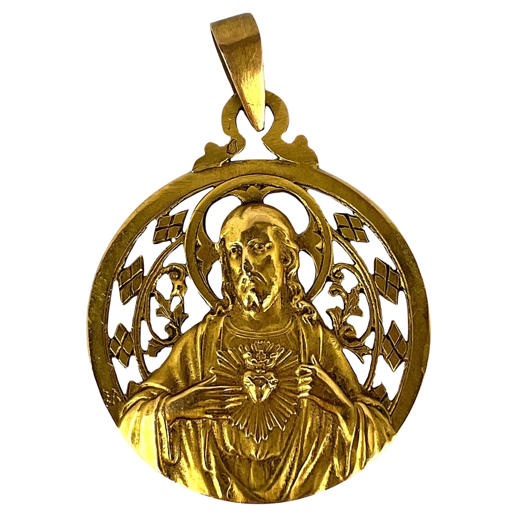 French Lavrillier Sacred Heart Madonna and Child 18K Yellow Gold Medal Pendant