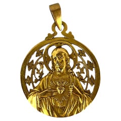 Vintage French Lavrillier Sacred Heart Madonna and Child 18K Yellow Gold Medal Pendant