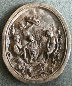 French Lead Plaque with Children Picking Grapes, Fruit & Vegetables 18th Century