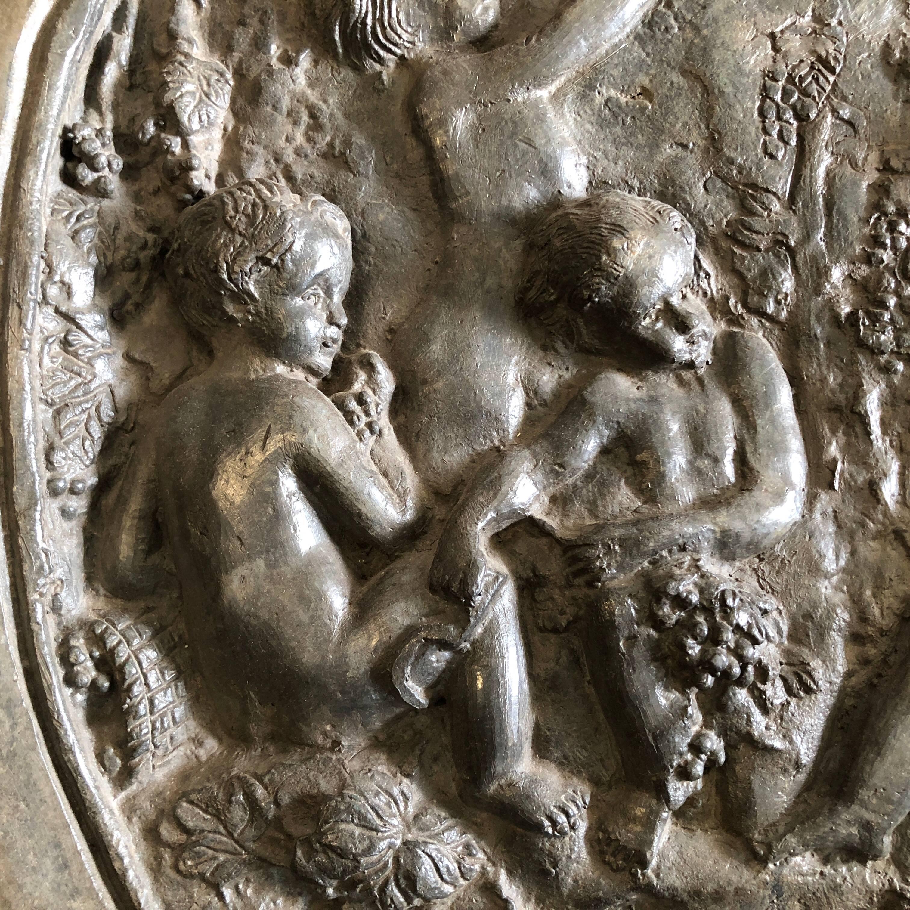 Rococo French Lead Plaque with Children Picking Grapes, Fruit & Vegetables 18th Century For Sale