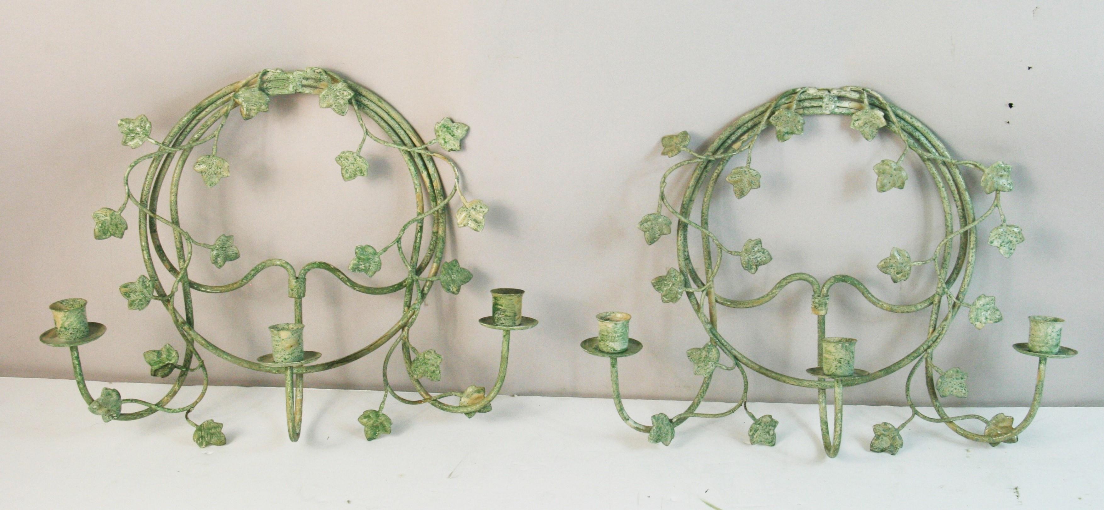 Pair French Leaf and twig metal candle sconces