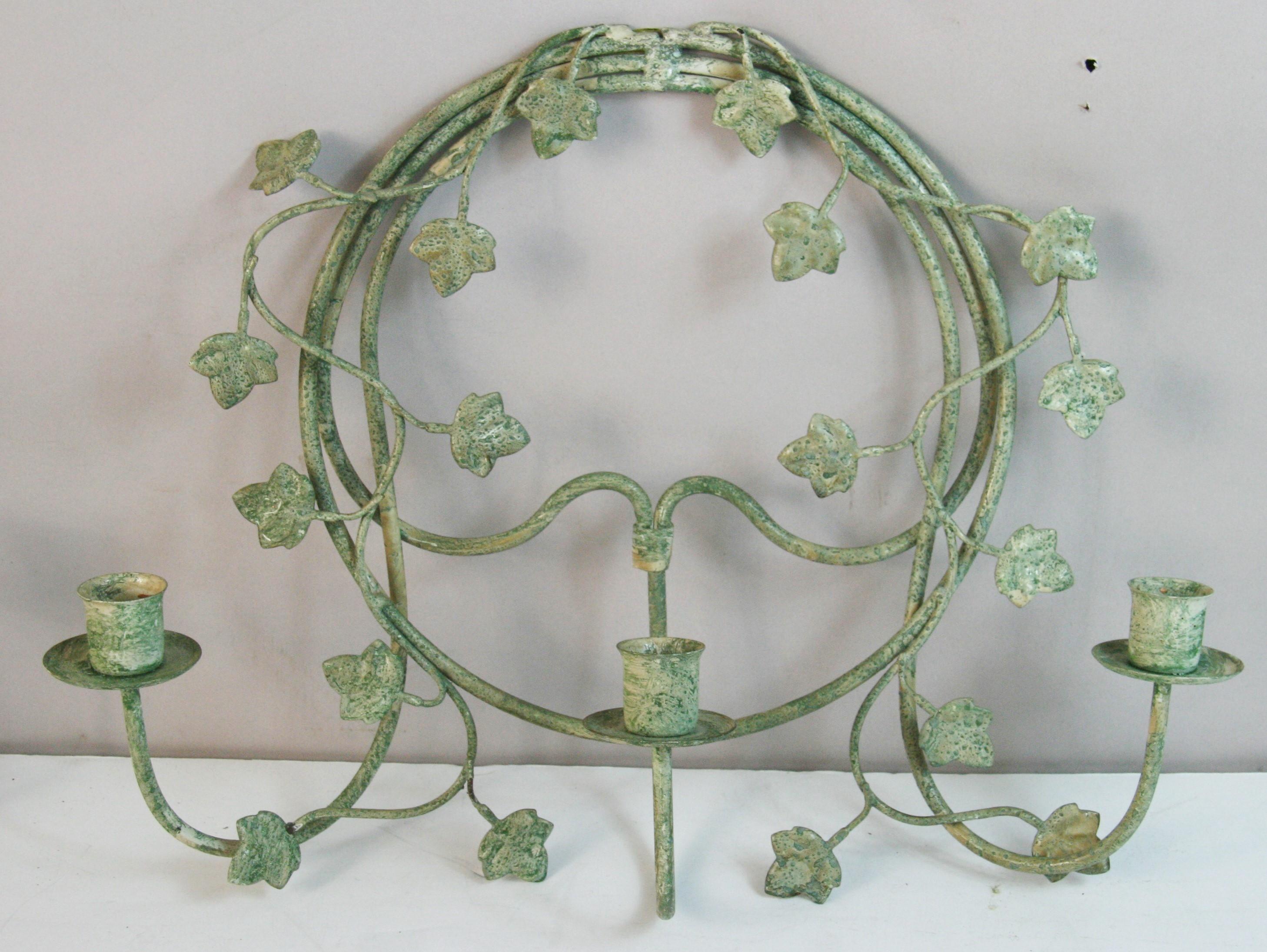 French Leaf and Twig Moss green Metal candle sconces a Pair In Good Condition For Sale In Douglas Manor, NY