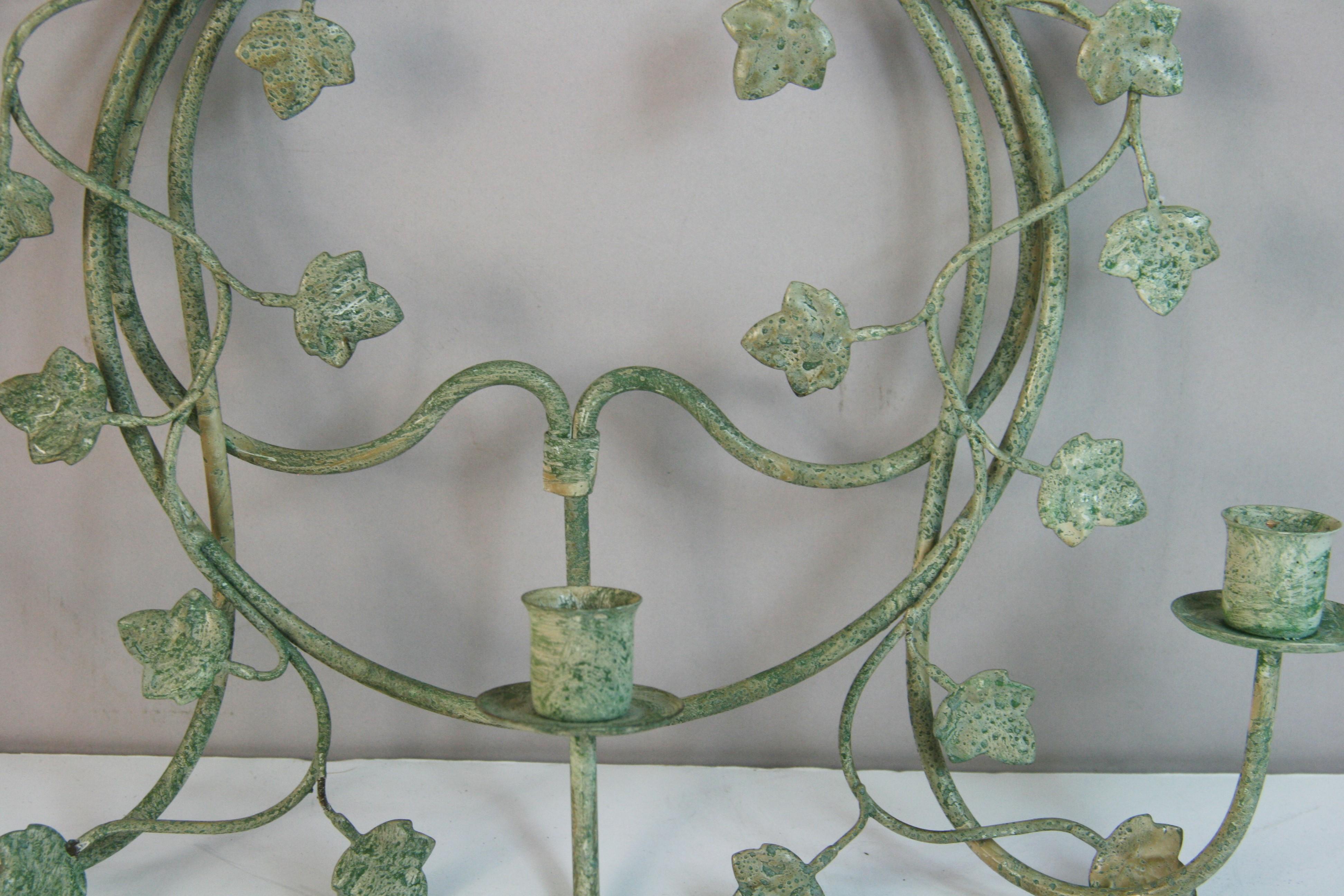 French Leaf and Twig Moss green Metal candle sconces a Pair For Sale 1