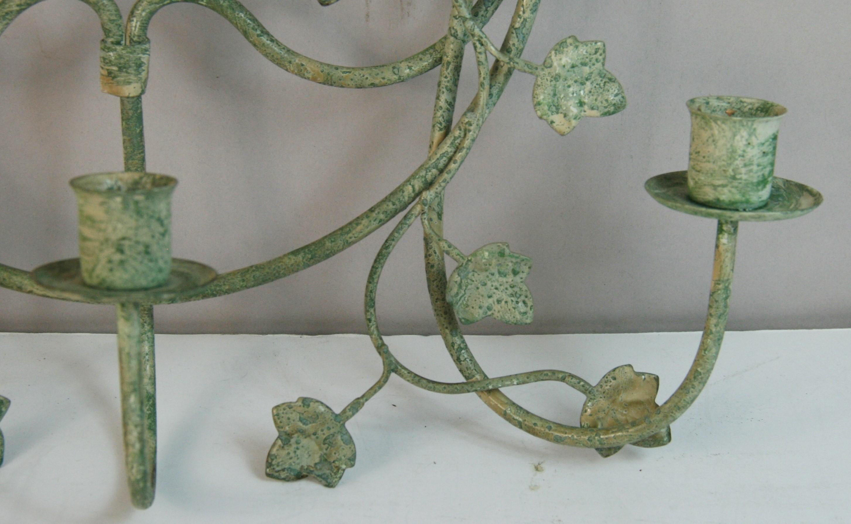 French Leaf and Twig Moss green Metal candle sconces a Pair For Sale 2