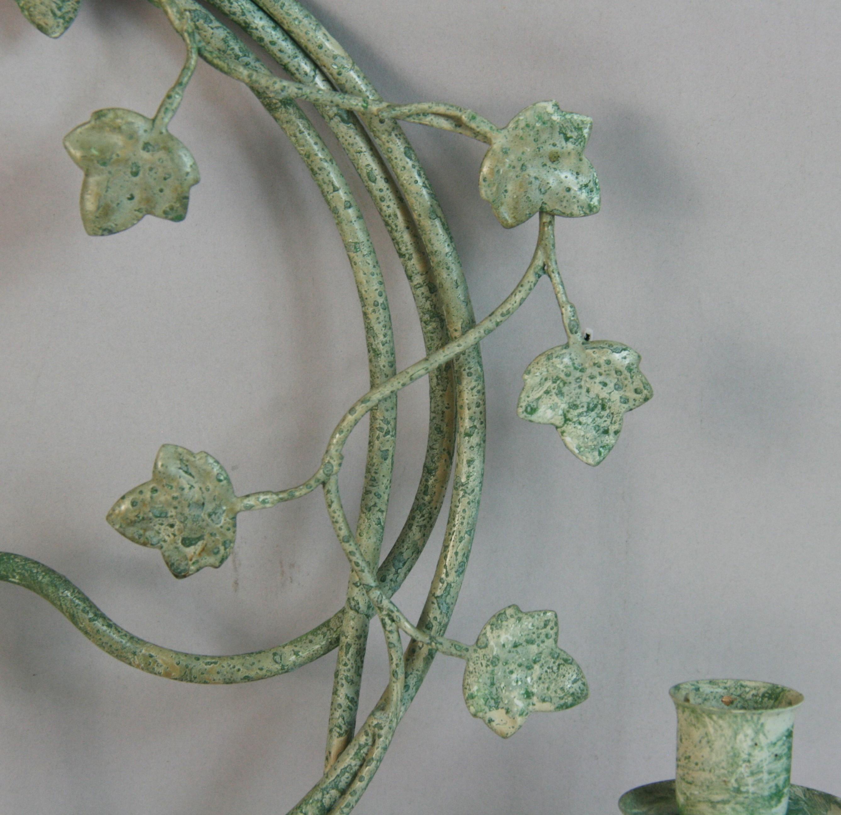 French Leaf and Twig Moss green Metal candle sconces a Pair For Sale 3