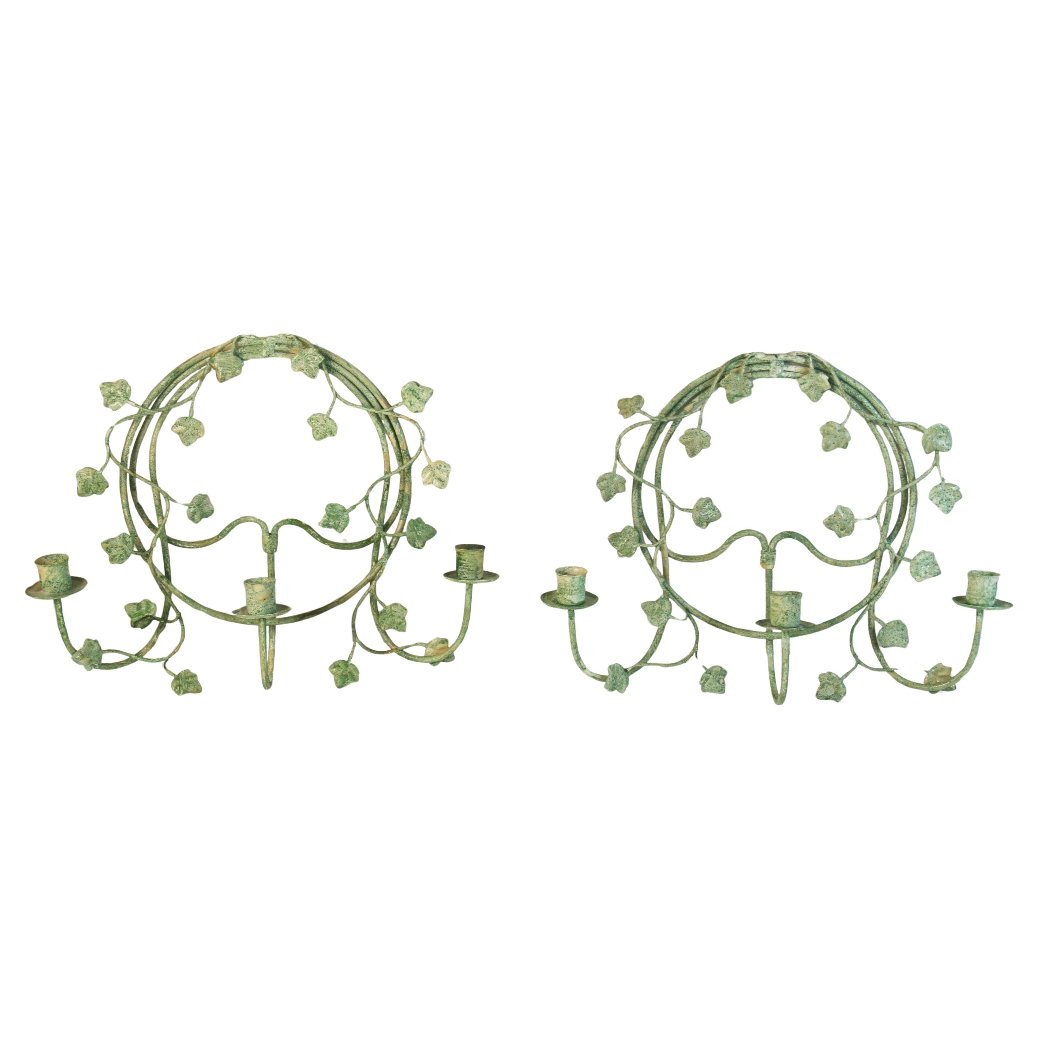French Leaf and Twig Moss green Metal candle sconces a Pair For Sale