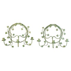 French Leaf and Twig Moss green Metal candle sconces a Pair