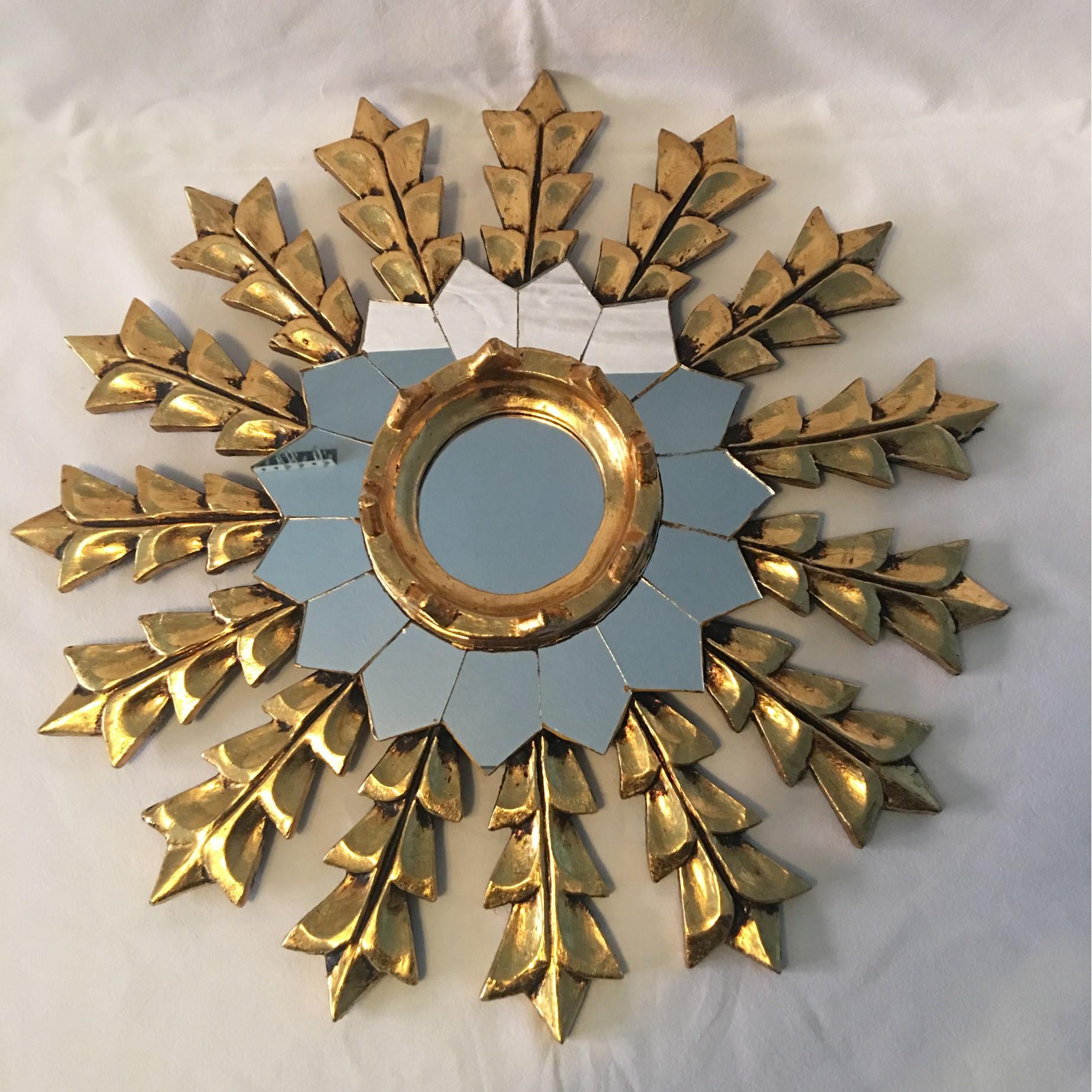 Hand-Crafted French Leaf Gold on Wood Sunburst Wall Mirror