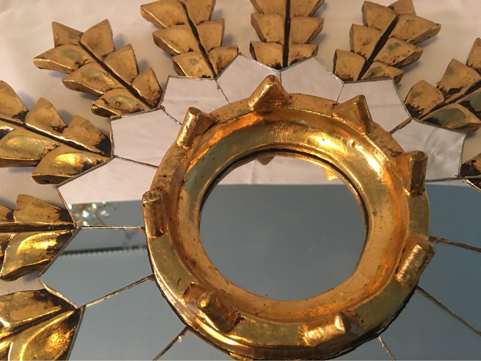 Mid-20th Century French Leaf Gold on Wood Sunburst Wall Mirror