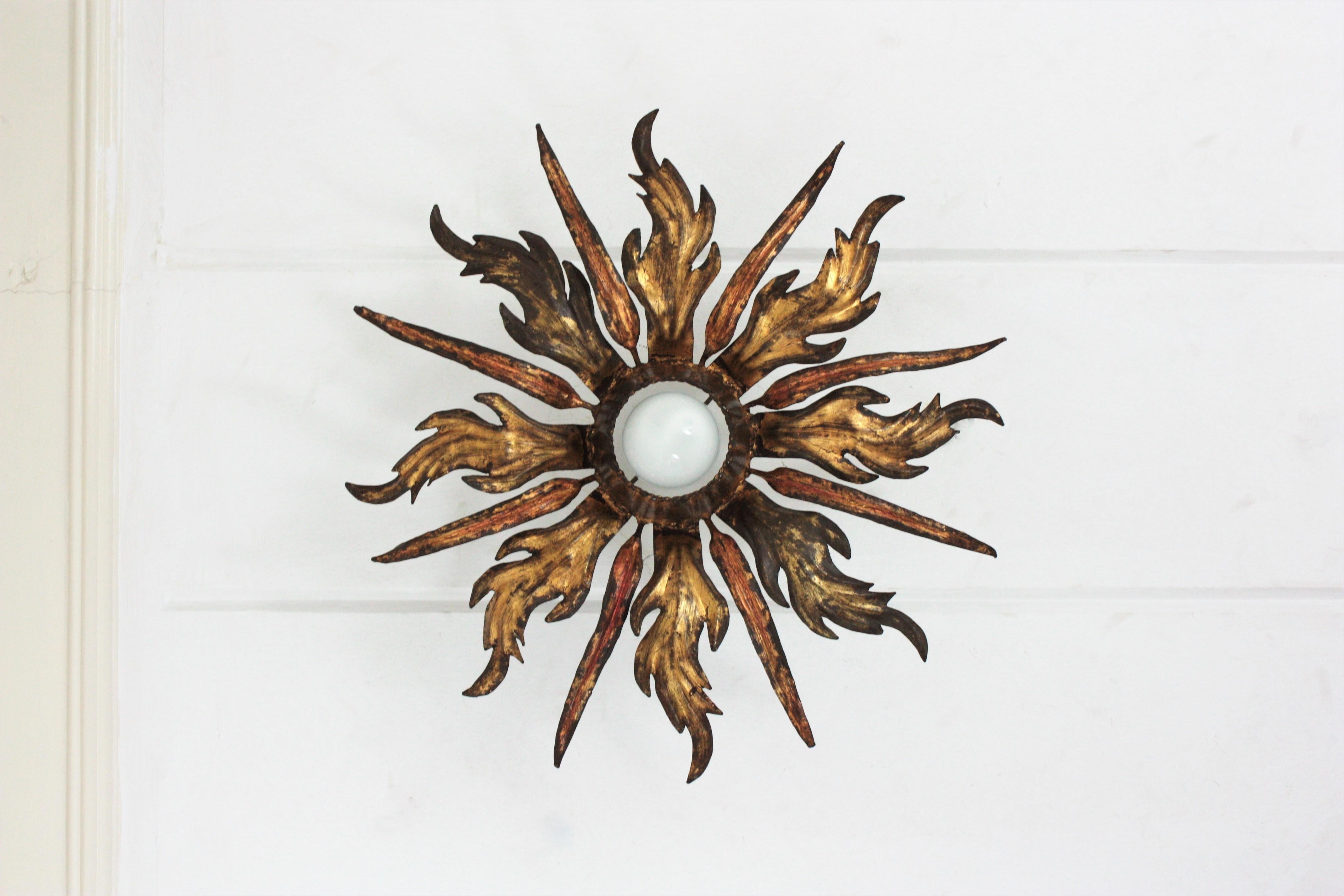 French Leafed Copper & Gilt Iron Sunburst Ceiling Light Fixture, 1940s 5