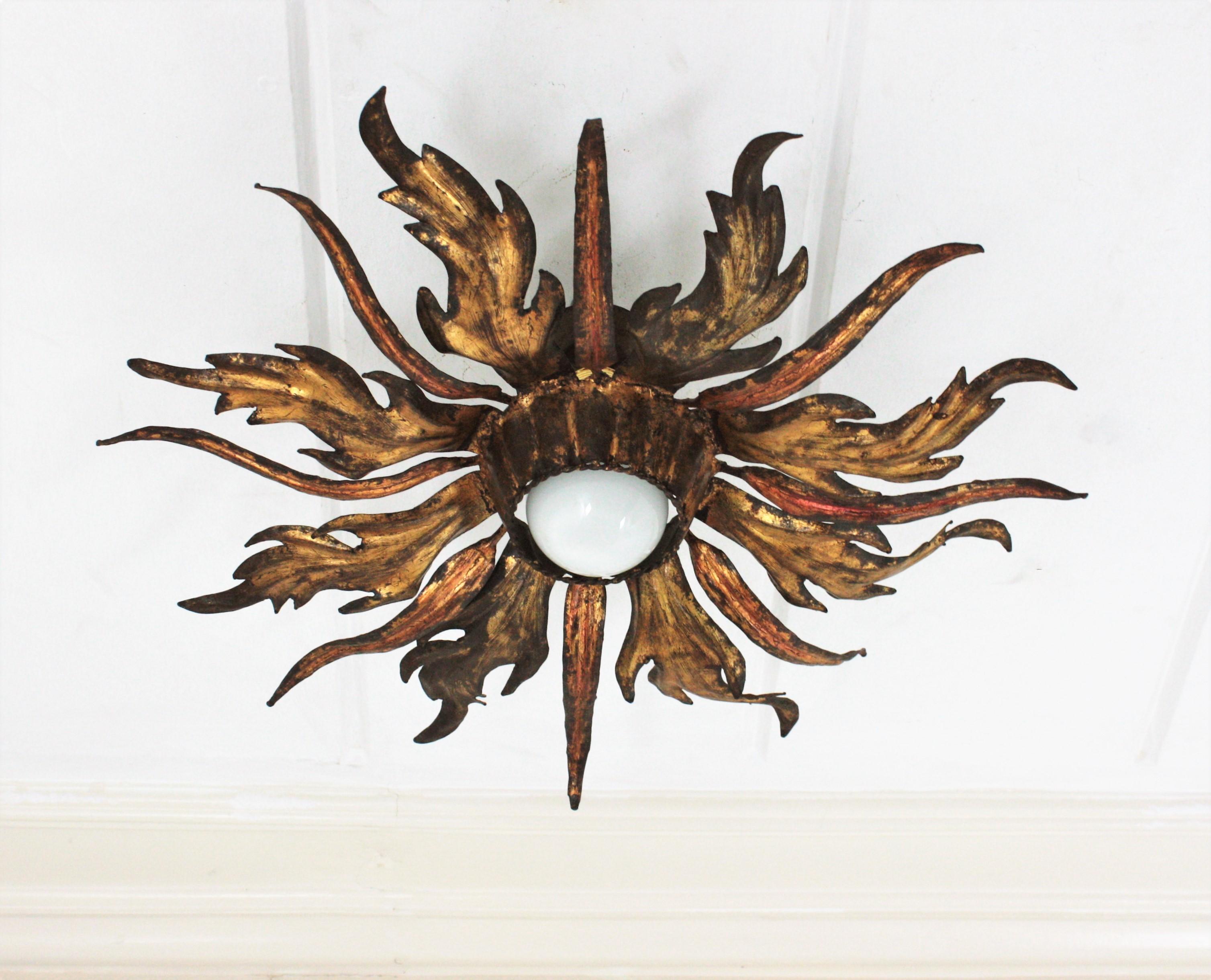 Hand-Crafted French Leafed Copper & Gilt Iron Sunburst Ceiling Light Fixture, 1940s