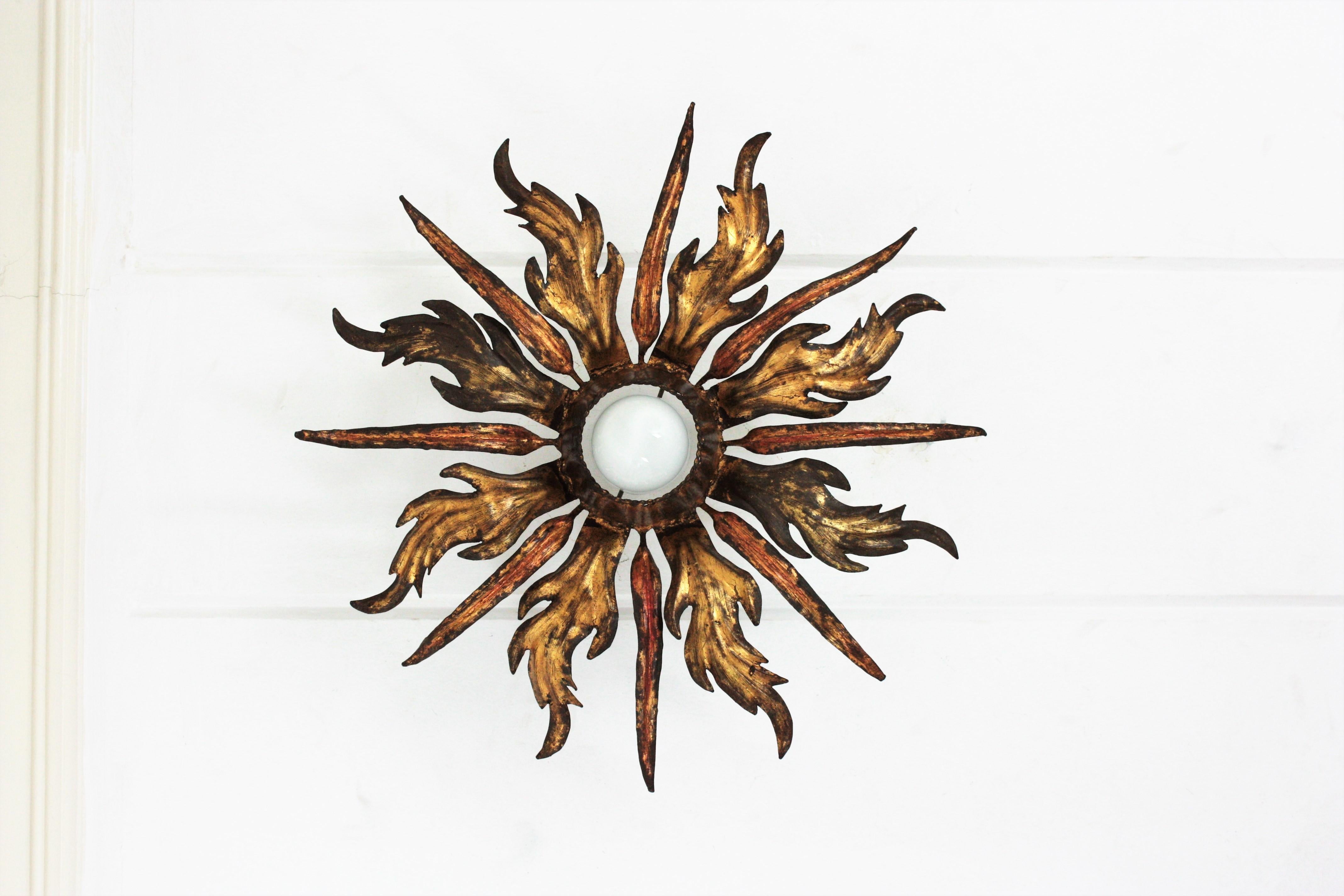 French Leafed Copper & Gilt Iron Sunburst Ceiling Light Fixture, 1940s 1