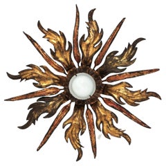 French Leafed Copper & Gilt Iron Sunburst Ceiling Light Fixture, 1940s