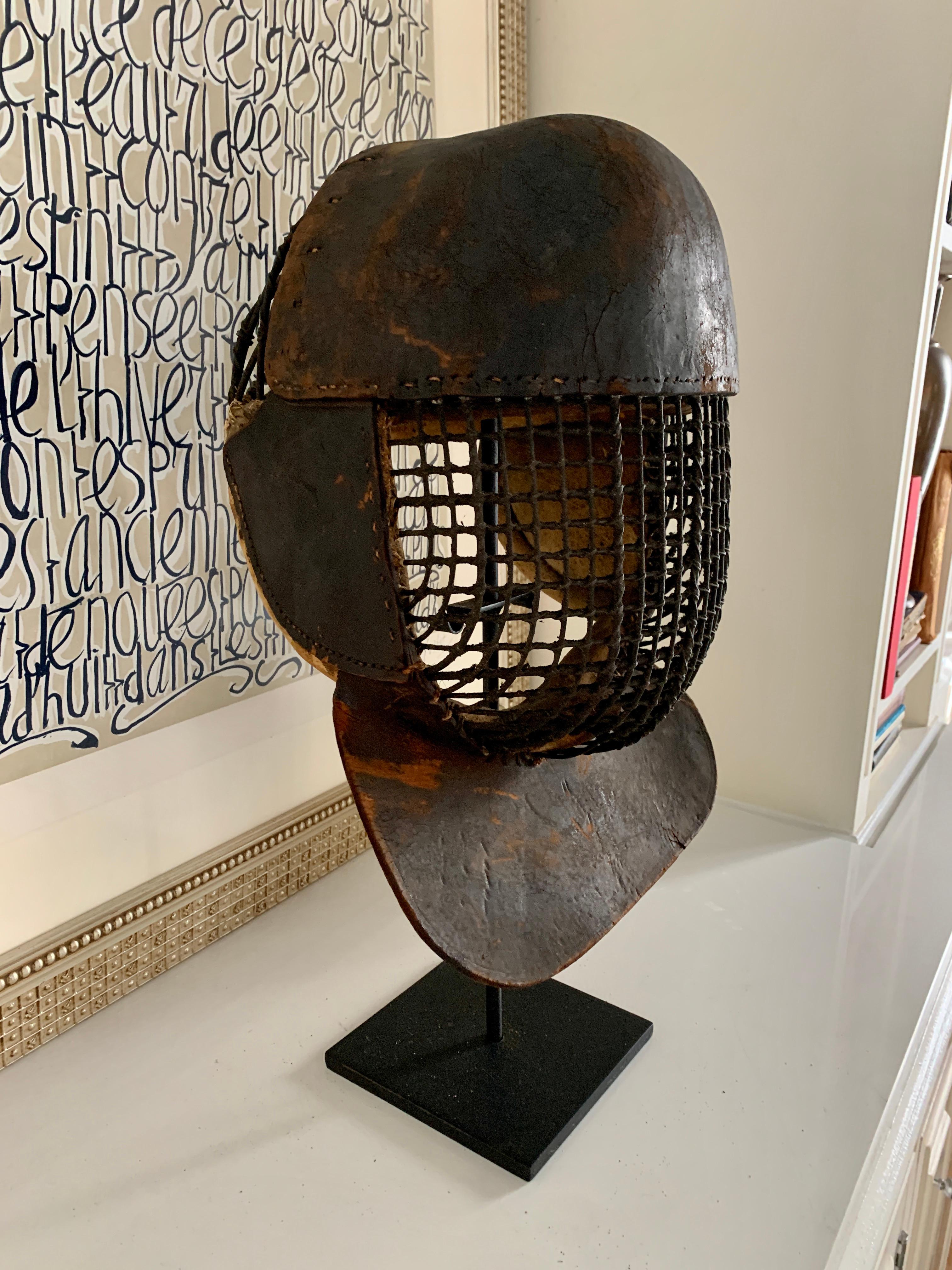French Leather 19th Century Fencing Mask on Custom Iron Stand 2