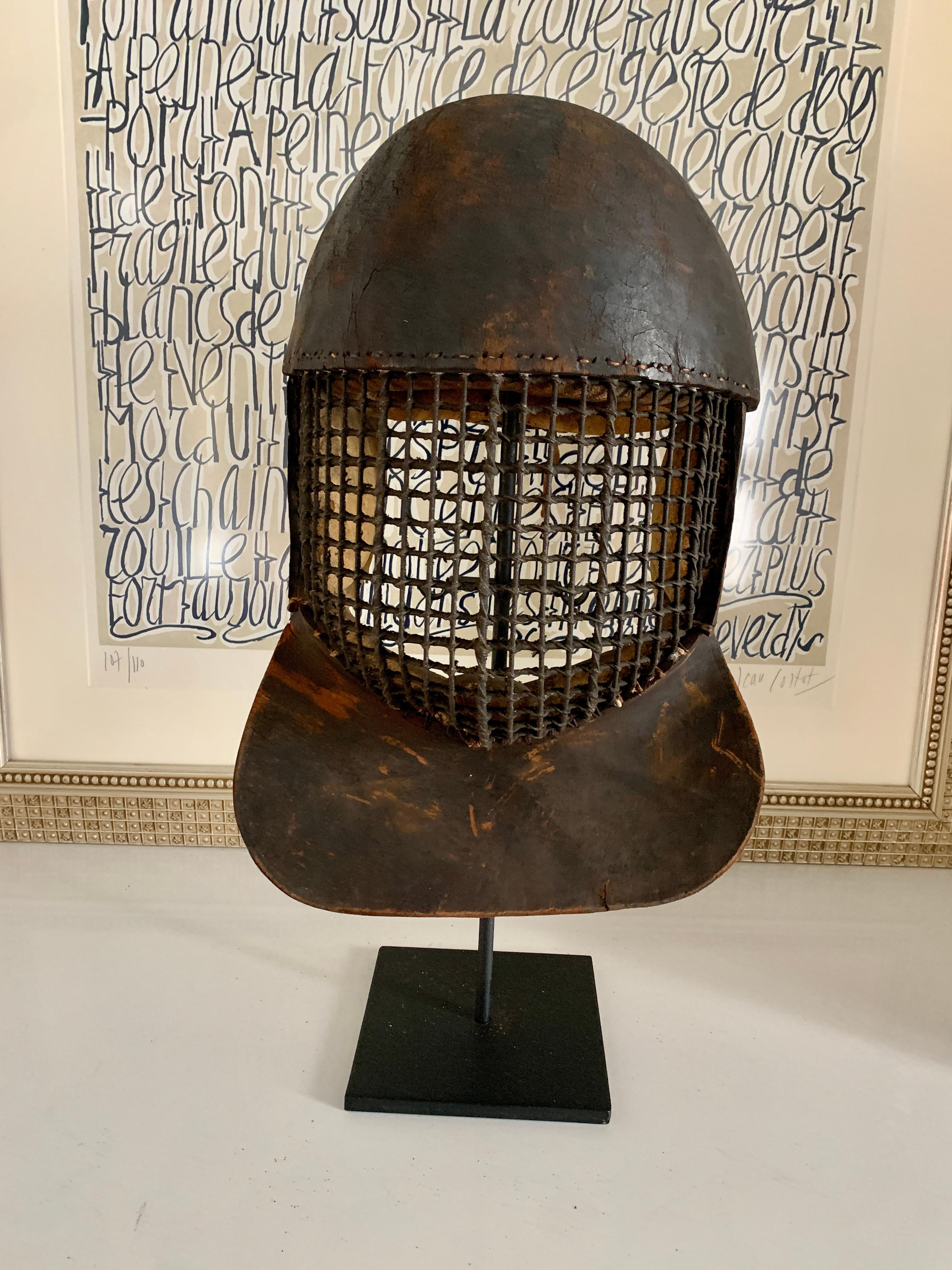 French Leather 19th Century Fencing Mask on Custom Iron Stand 3