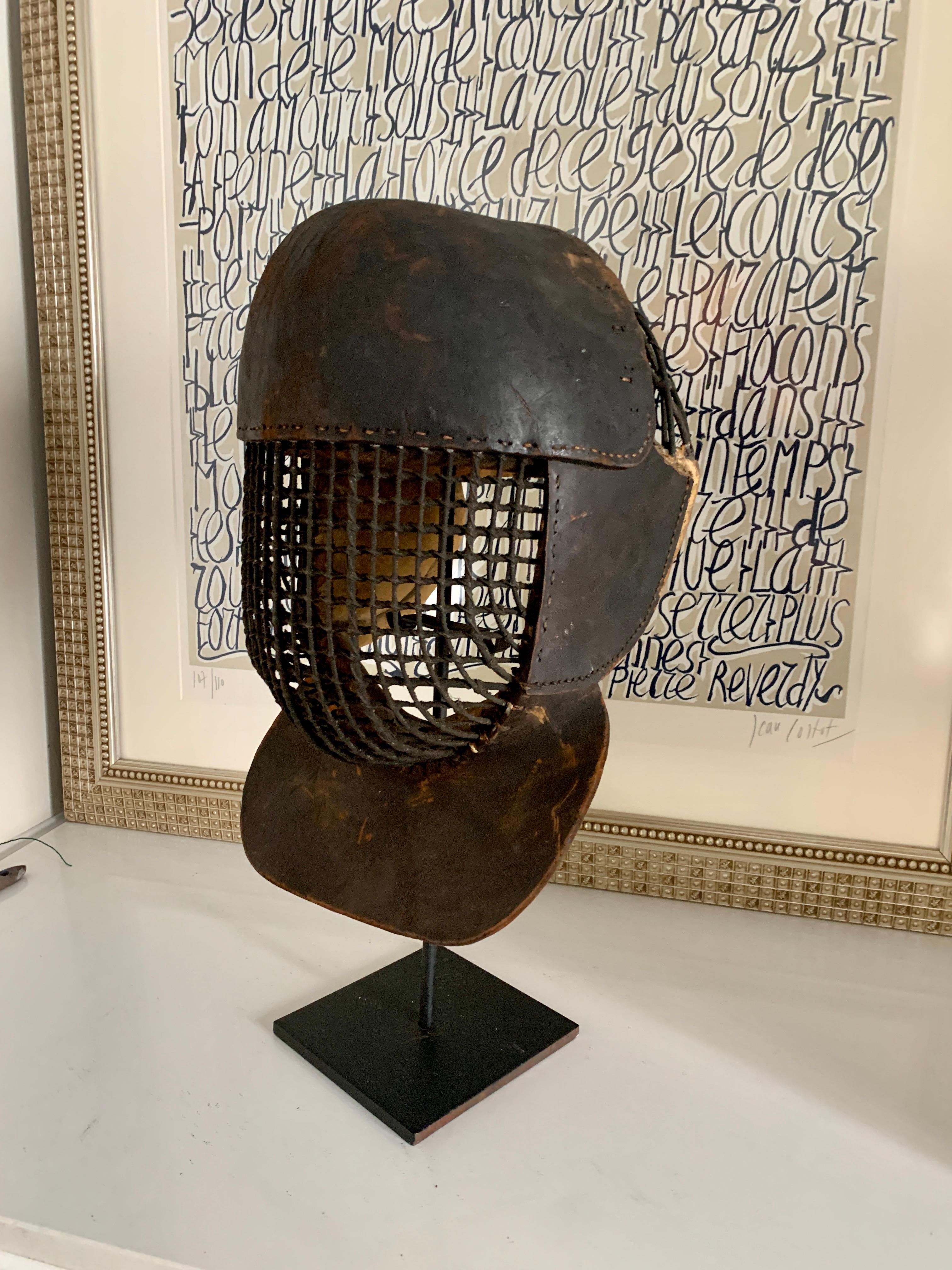 American Classical French Leather 19th Century Fencing Mask on Custom Iron Stand