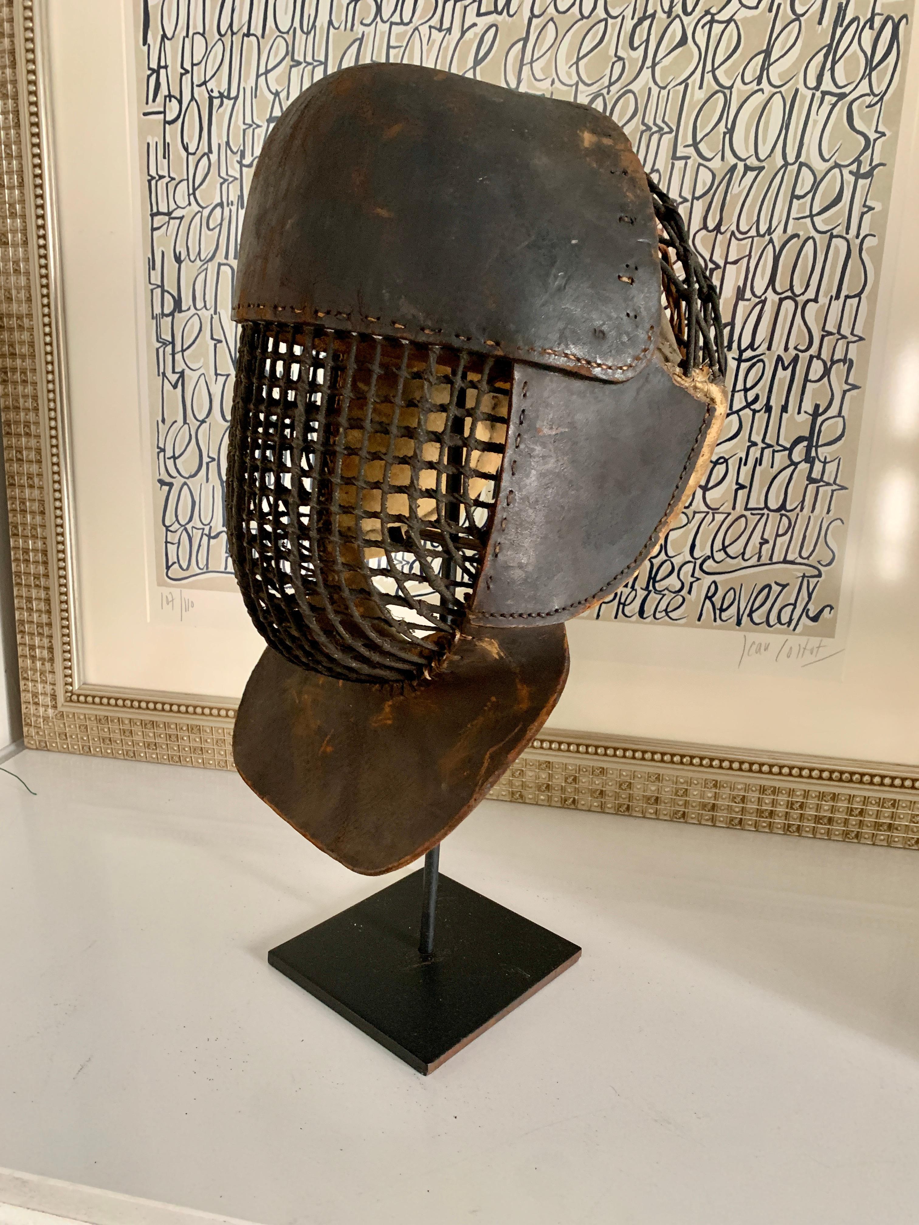Hand-Crafted French Leather 19th Century Fencing Mask on Custom Iron Stand