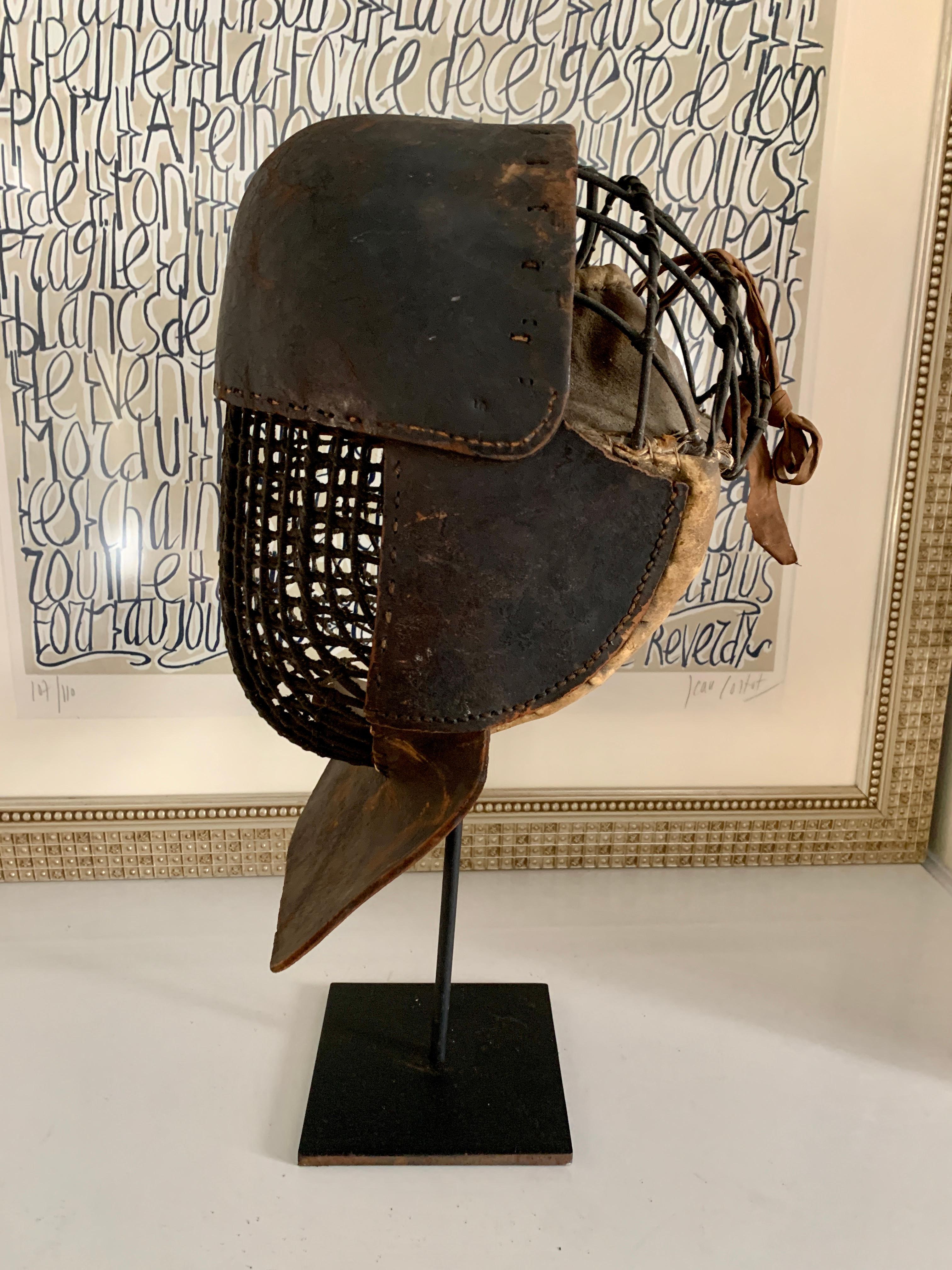 French Leather 19th Century Fencing Mask on Custom Iron Stand In Good Condition In Los Angeles, CA