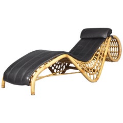 French Leather and Bamboo Chaise Longue, 1970s