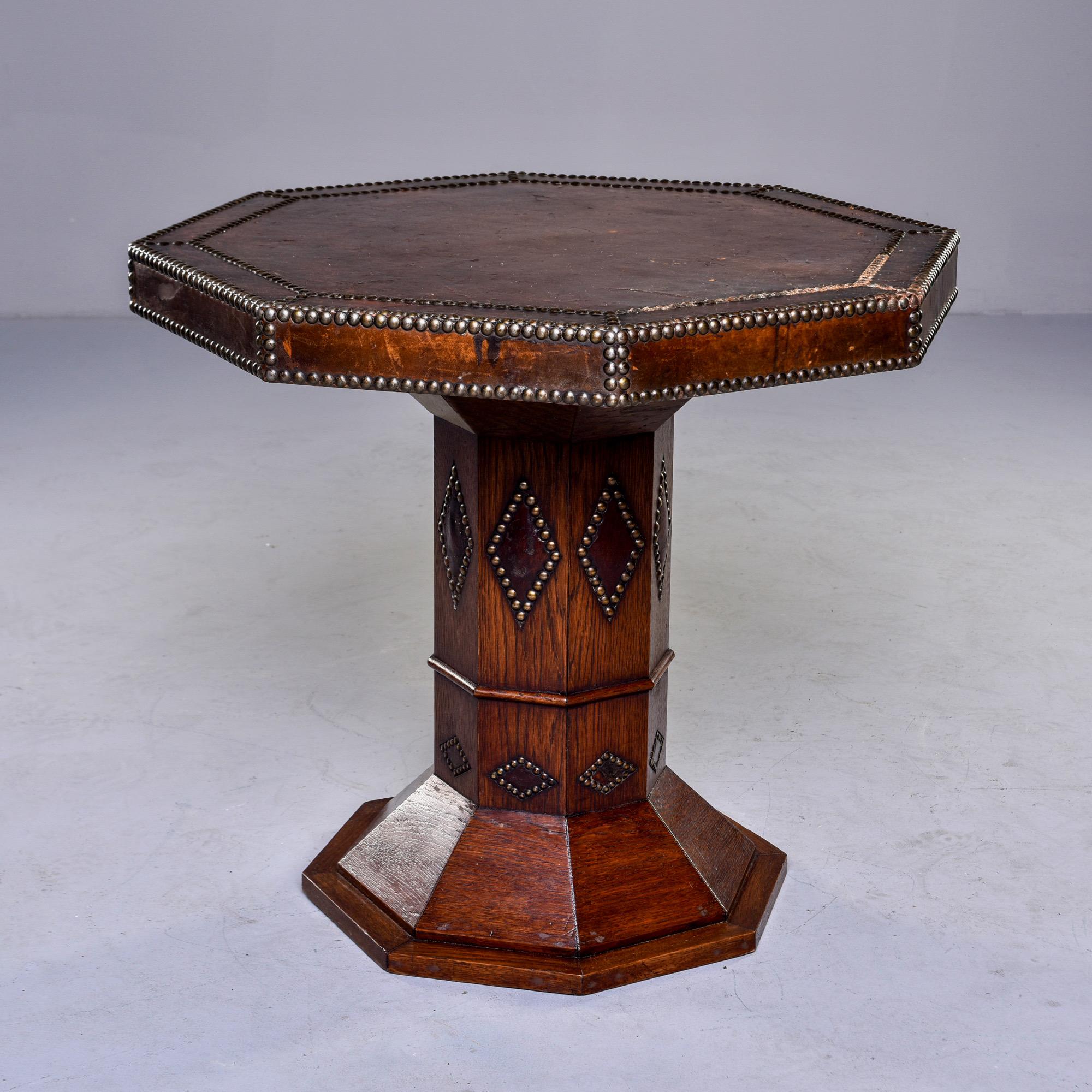 French Leather and Brass Nail Head Art Deco Octagonal Side Table In Good Condition In Troy, MI