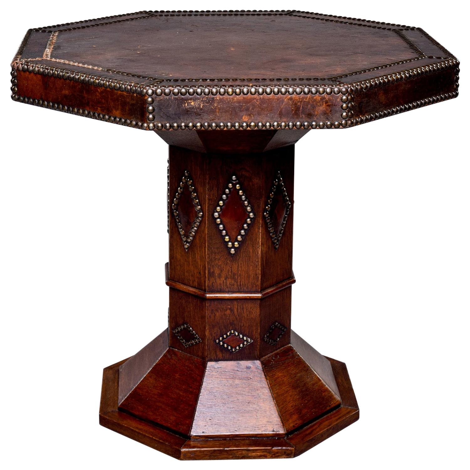 French Leather and Brass Nail Head Art Deco Octagonal Side Table