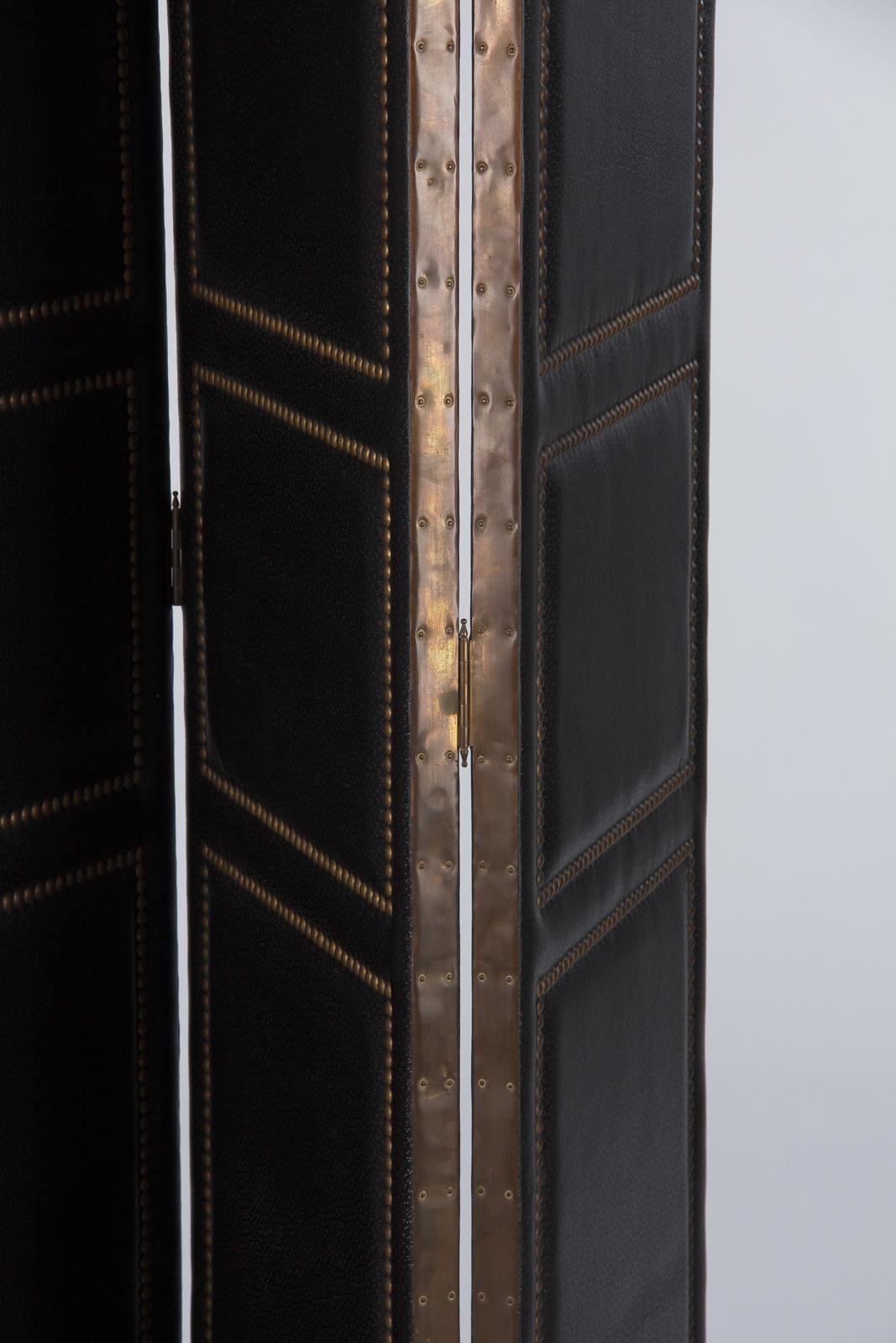 French Leather and Brass Screen by Pierre Gautier, 1950s 8