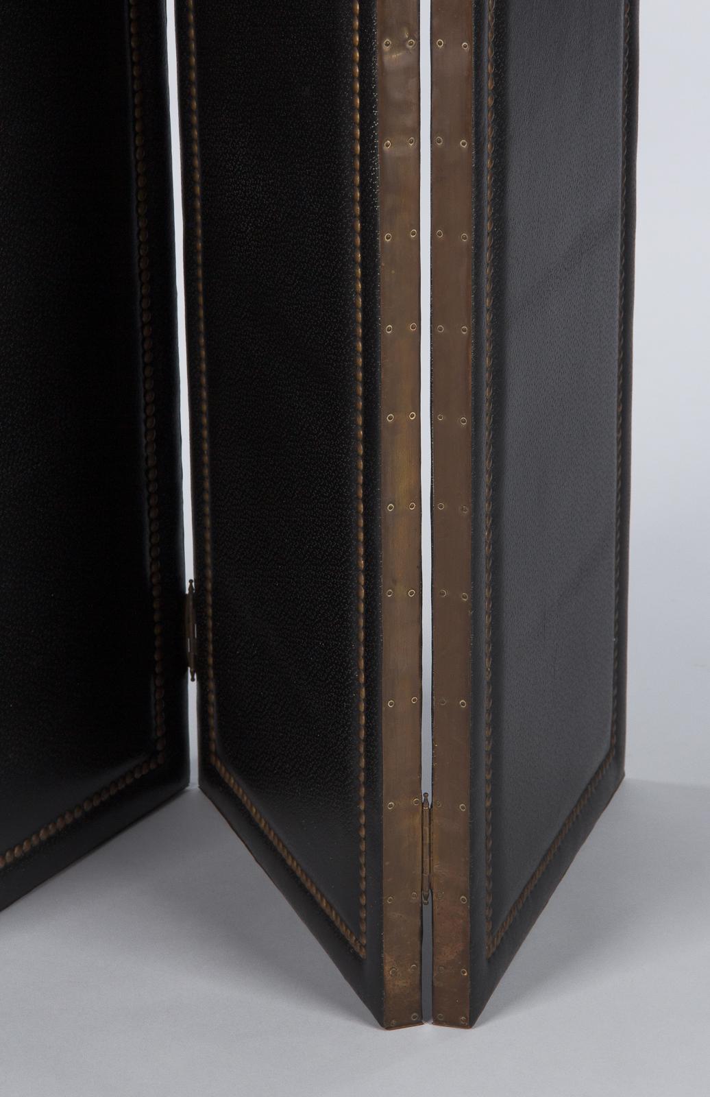 French Leather and Brass Screen by Pierre Gautier, 1950s 9
