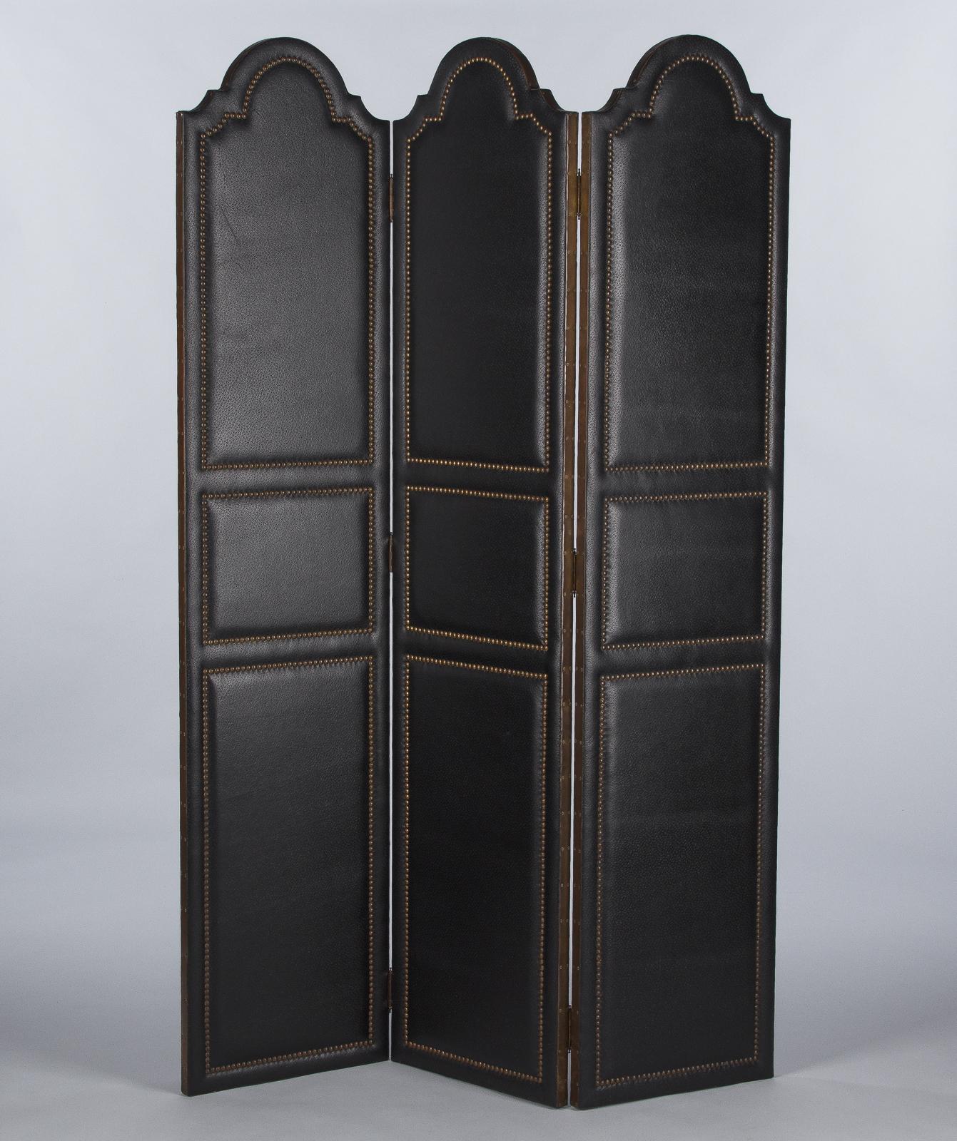 Mid-Century Modern French Leather and Brass Screen by Pierre Gautier, 1950s