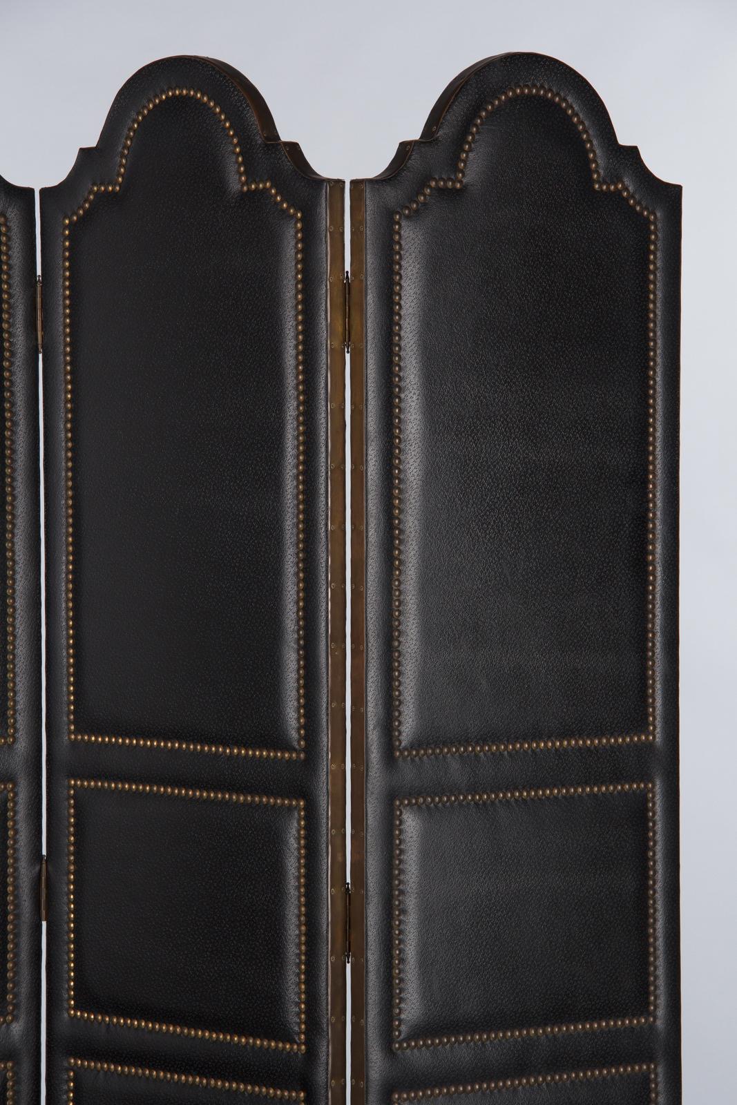 French Leather and Brass Screen by Pierre Gautier, 1950s In Good Condition In Austin, TX