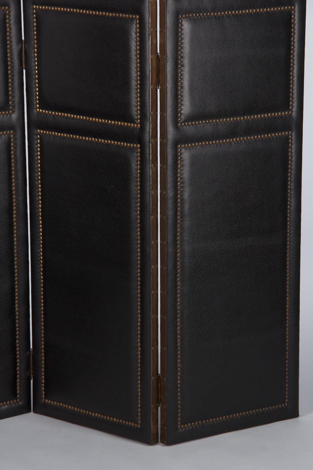 20th Century French Leather and Brass Screen by Pierre Gautier, 1950s
