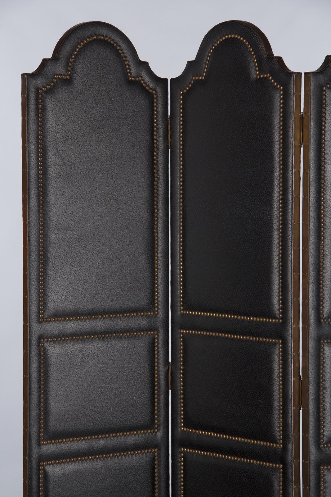 French Leather and Brass Screen by Pierre Gautier, 1950s 1