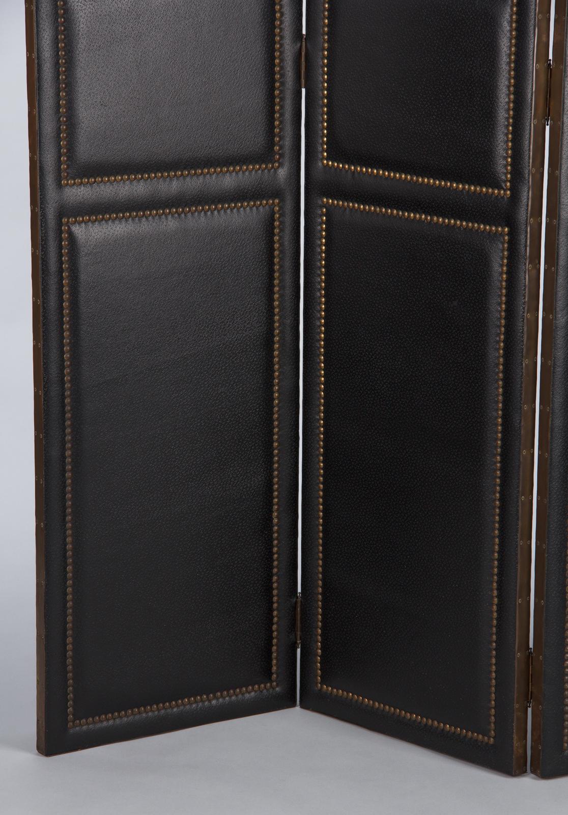 French Leather and Brass Screen by Pierre Gautier, 1950s 2