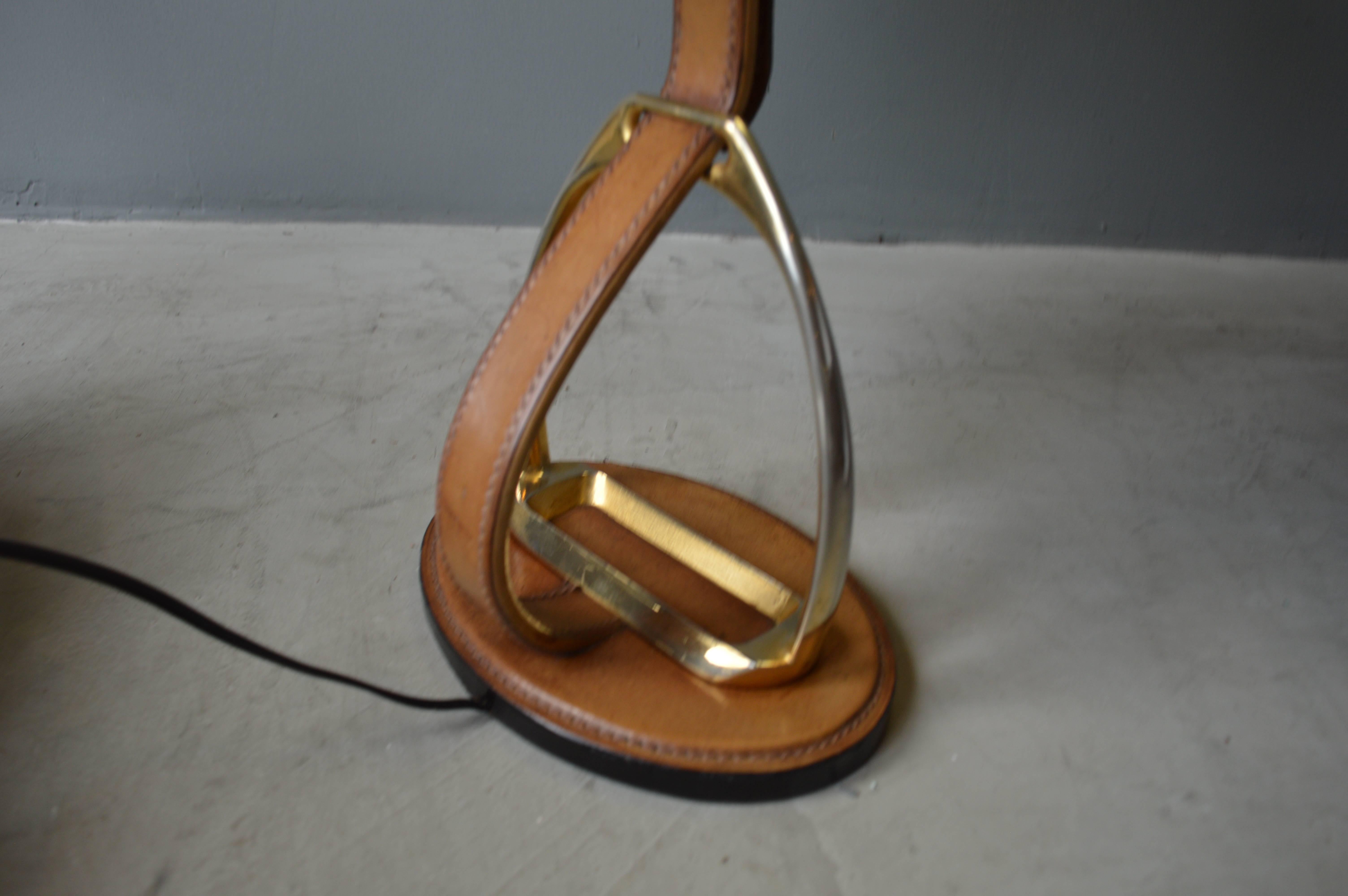 Mid-20th Century French Leather and Brass Table Lamp by Longchamps