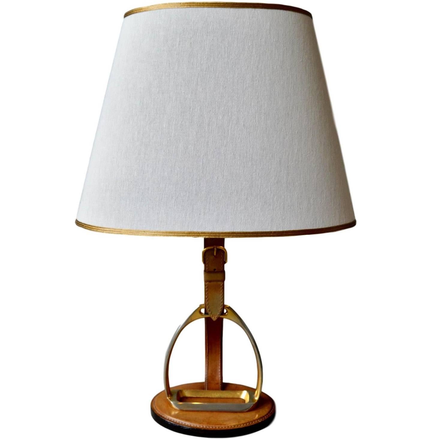 French Leather and Brass Table Lamp by Longchamps