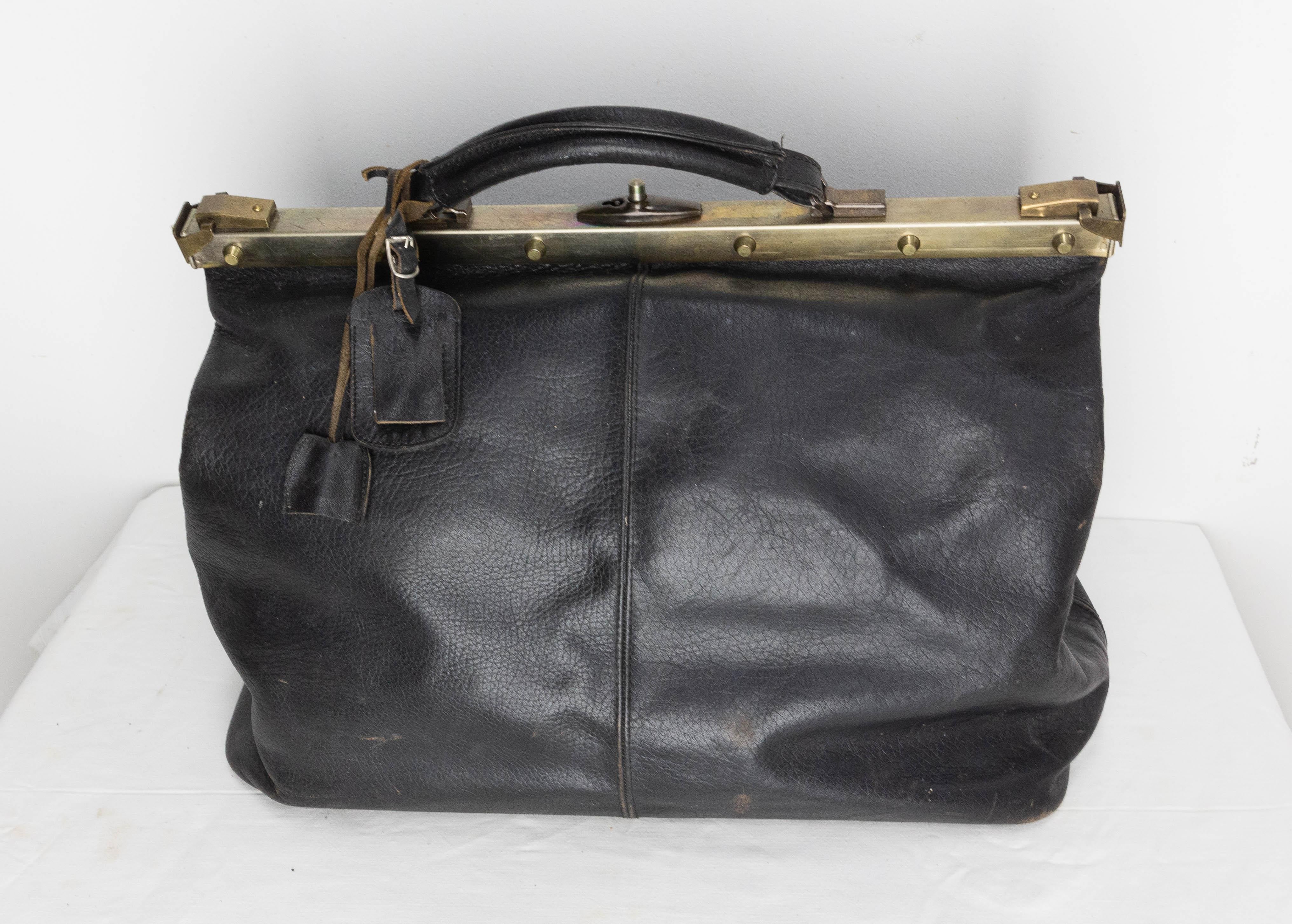 French Leather and Brass Travel Bag Sac De Diligence IMA, Mid-Century 9