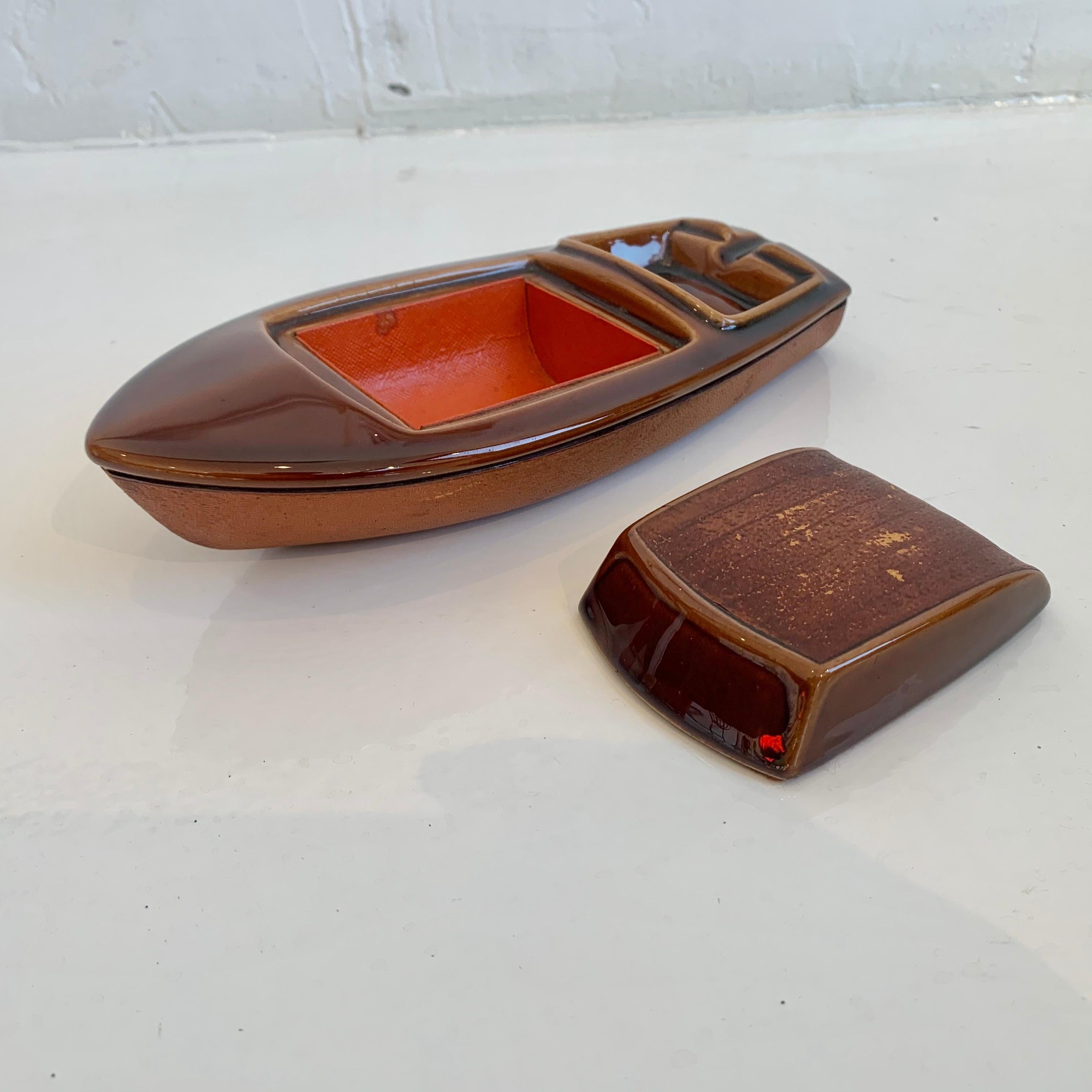 French Leather and Ceramic Boat Ashtray / Cigarette Holder In Good Condition In Los Angeles, CA