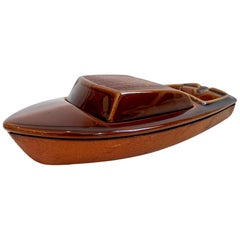 French Leather and Ceramic Boat Ashtray / Cigarette Holder