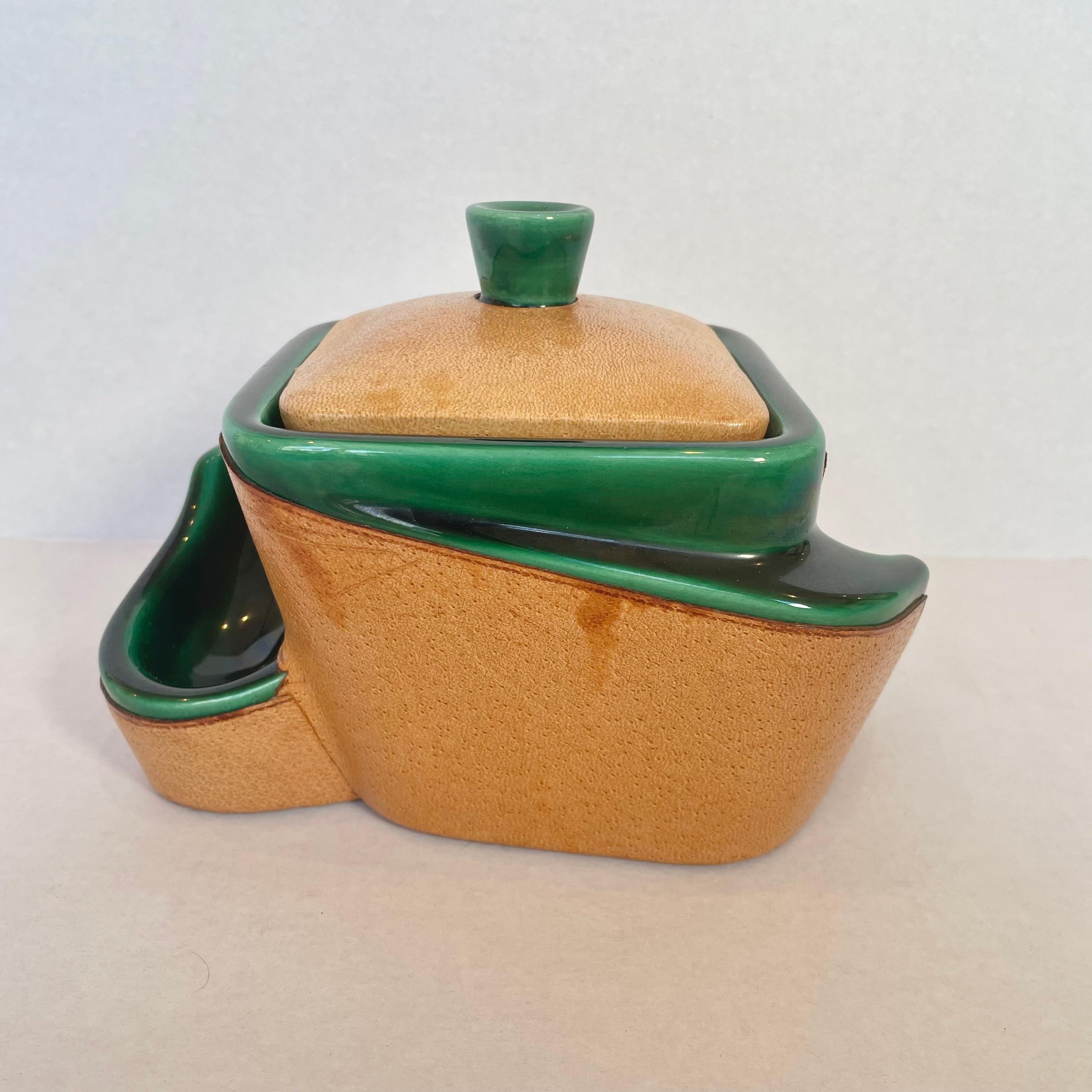 French Leather and Ceramic Stash Jar and Pipe Holder In Good Condition For Sale In Los Angeles, CA