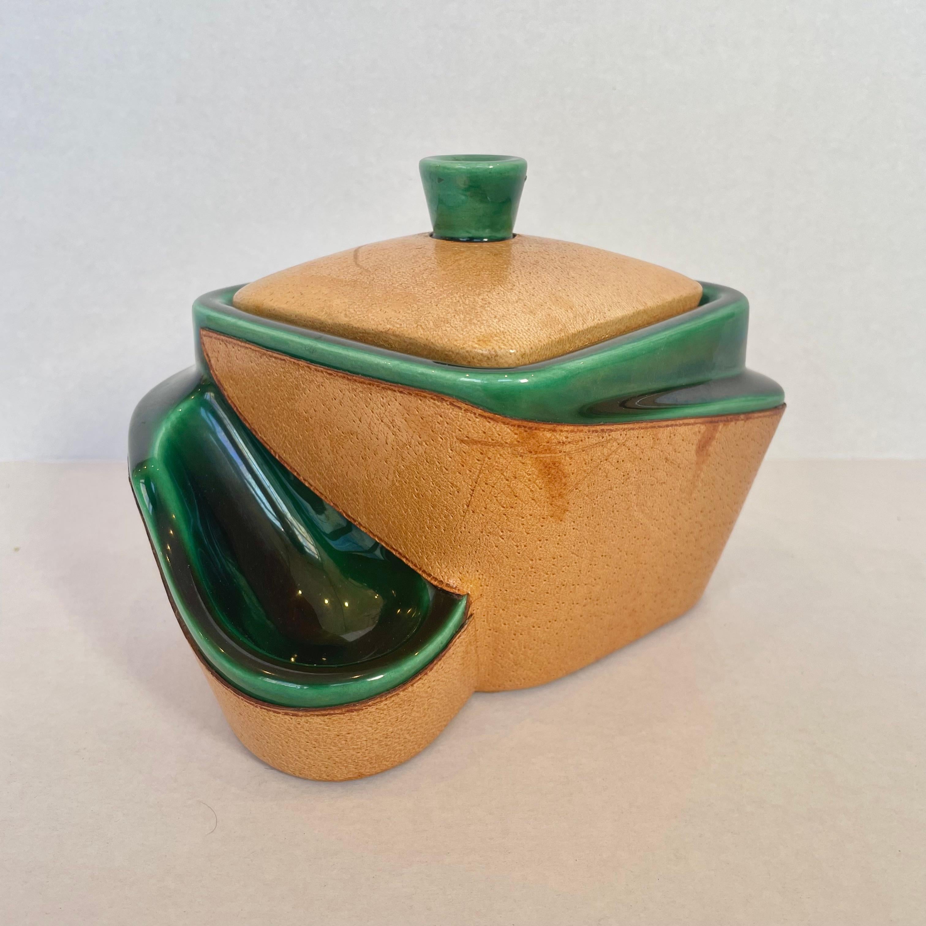 Mid-20th Century French Leather and Ceramic Stash Jar and Pipe Holder For Sale
