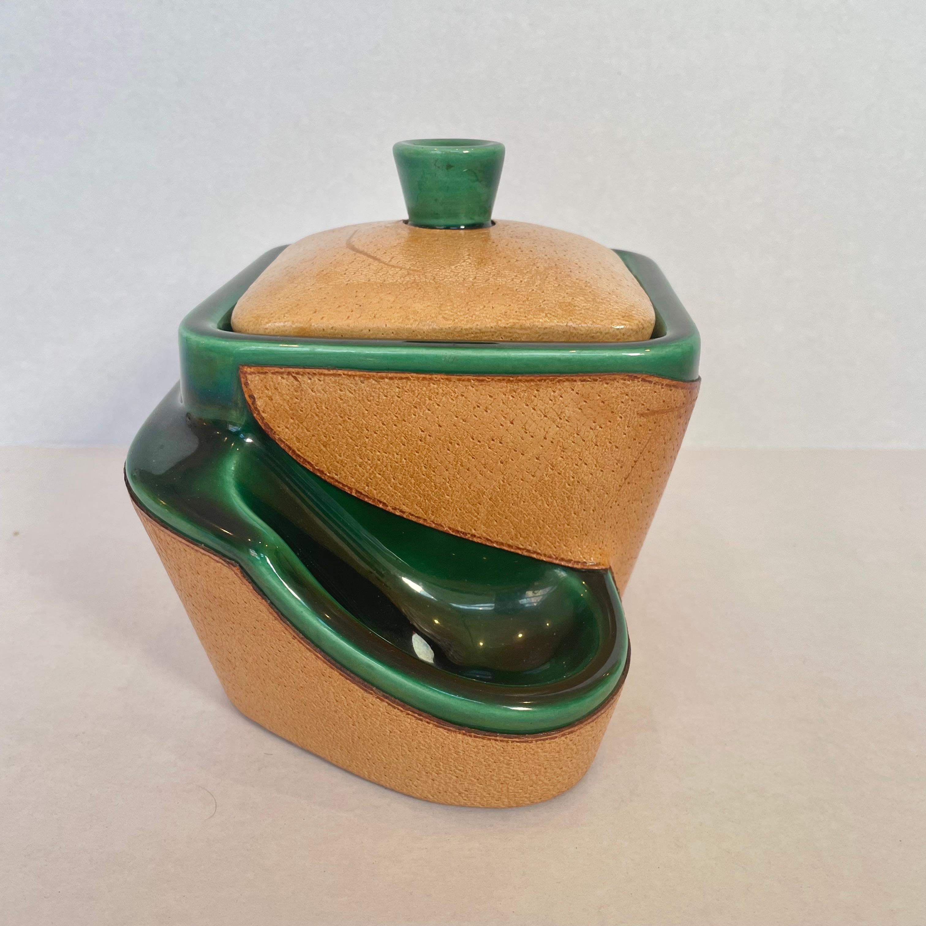 French Leather and Ceramic Stash Jar and Pipe Holder For Sale 1